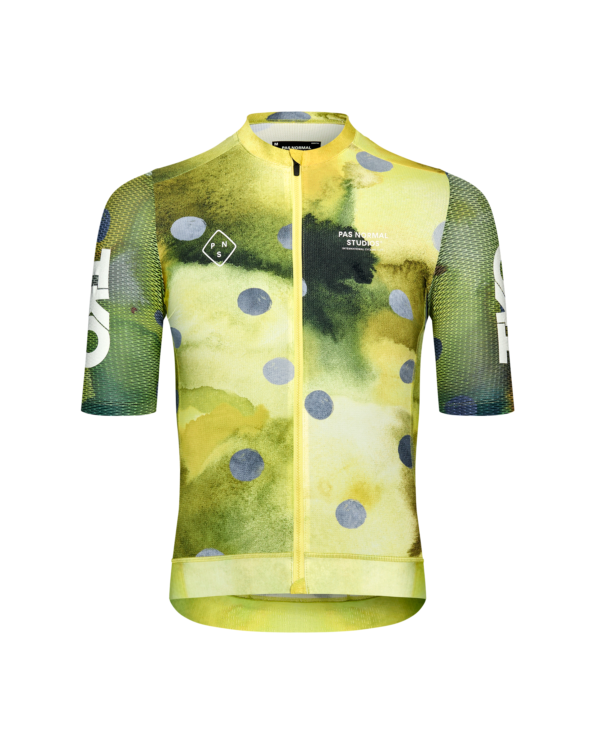 Yellow T.K.O. Essential Light cycling jersey, front view with blue polka dots and mesh sleeves