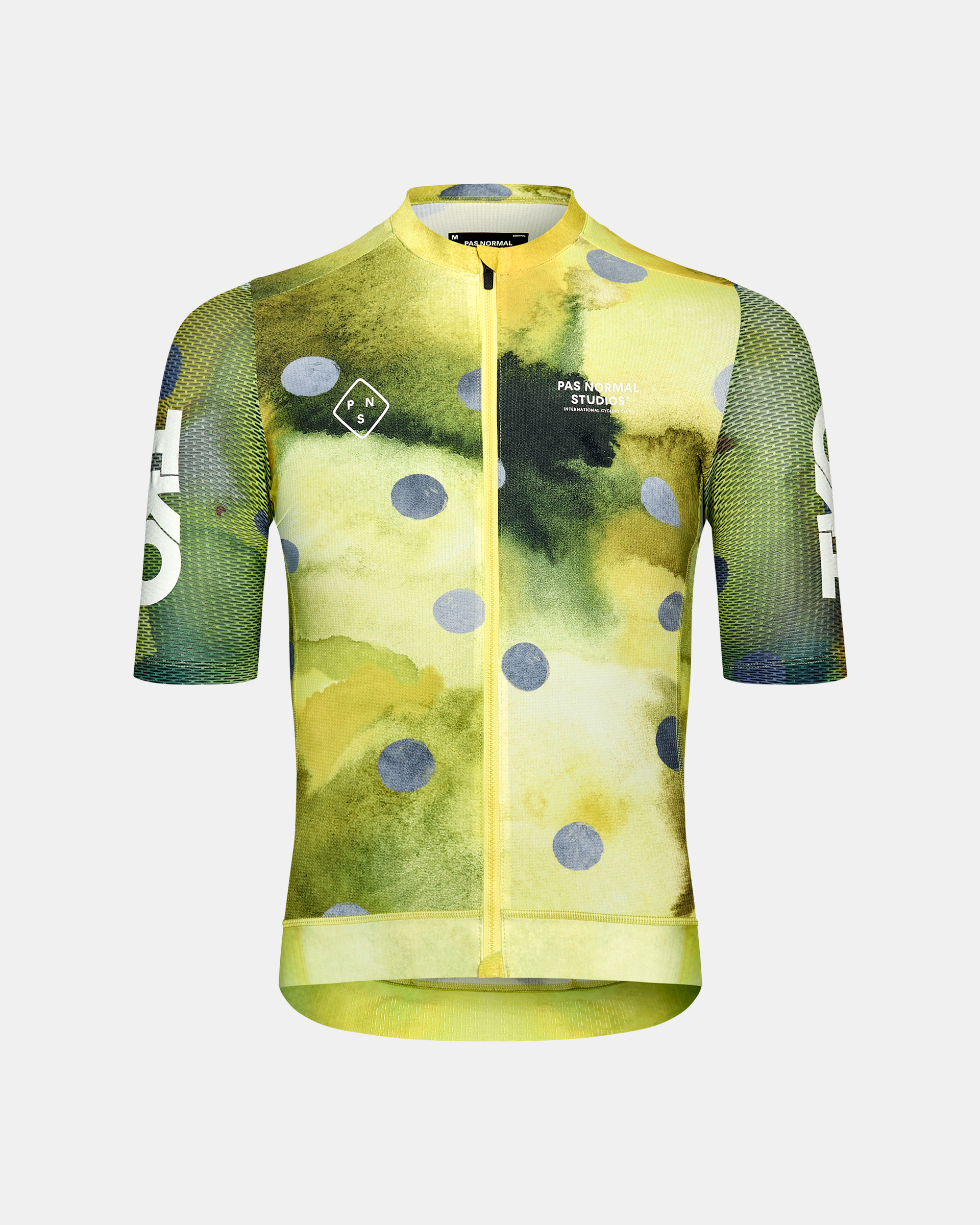 Yellow T.K.O. Essential Light cycling jersey, front view with blue polka dots and mesh sleeves