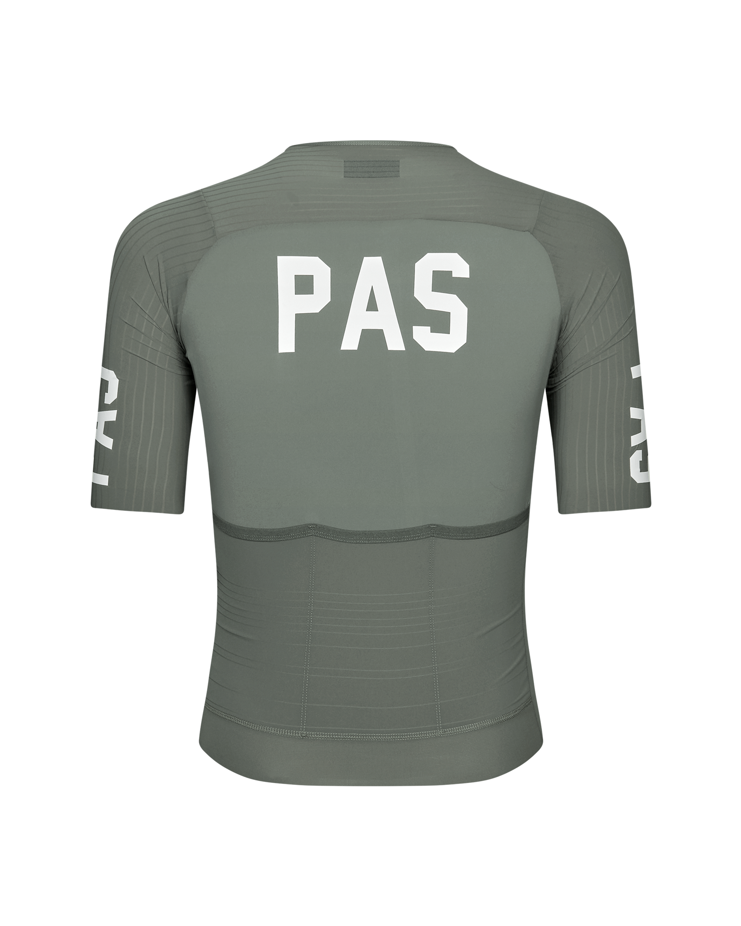Grey PAS Mechanism Pro cycling jersey, rear view with white back print and sleeve graphics