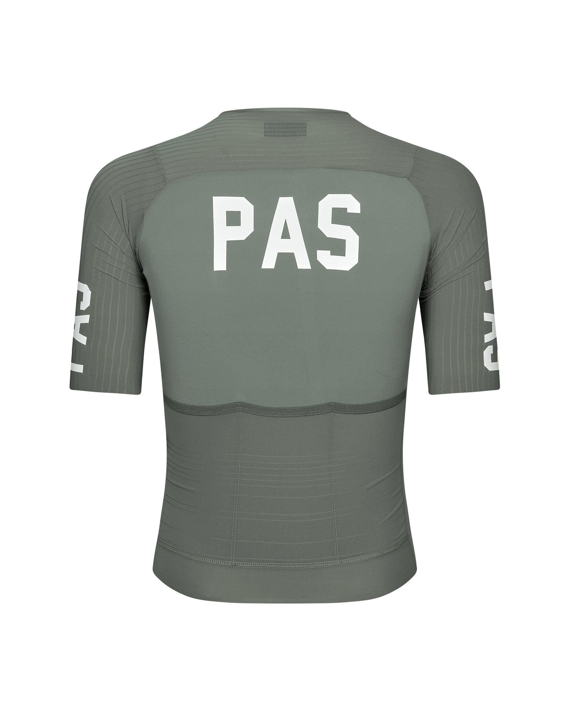 Grey PAS Mechanism Pro cycling jersey, rear view with white back print and sleeve graphics
