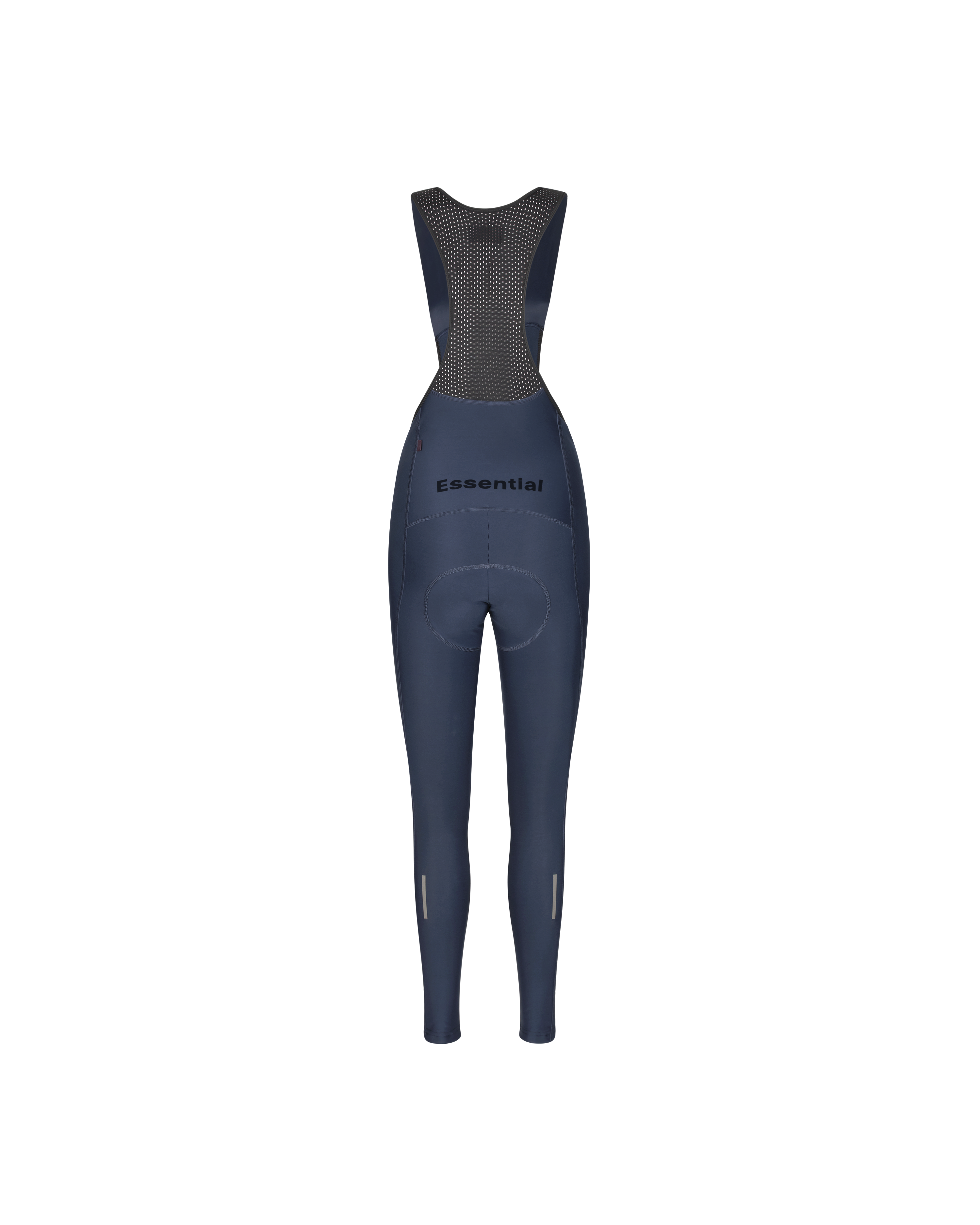 Navy Essential Thermal Long cycling bibs, rear view on mannequin with perforated mesh bib panel