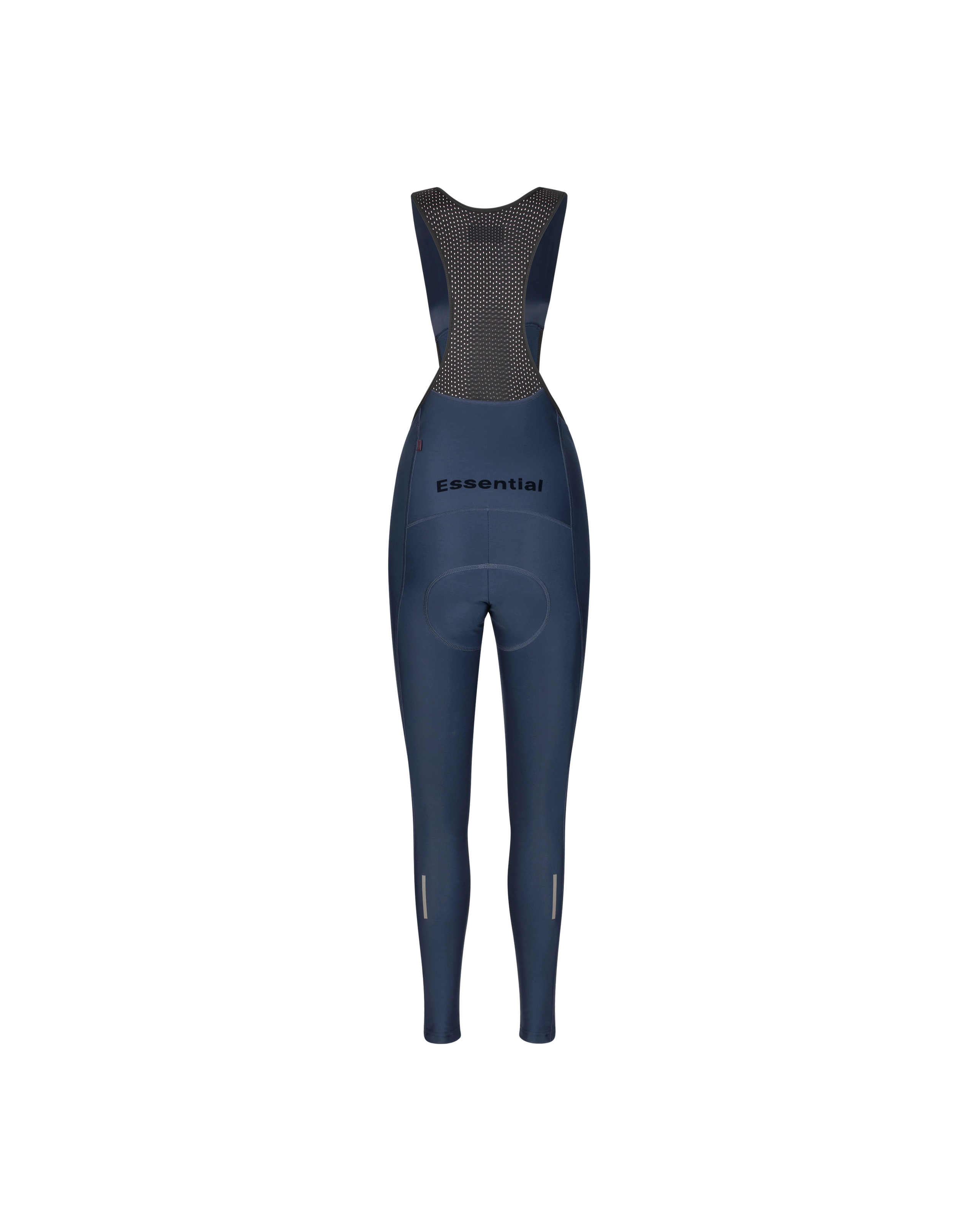 Navy Essential Thermal Long cycling bibs, rear view on mannequin with perforated mesh bib panel