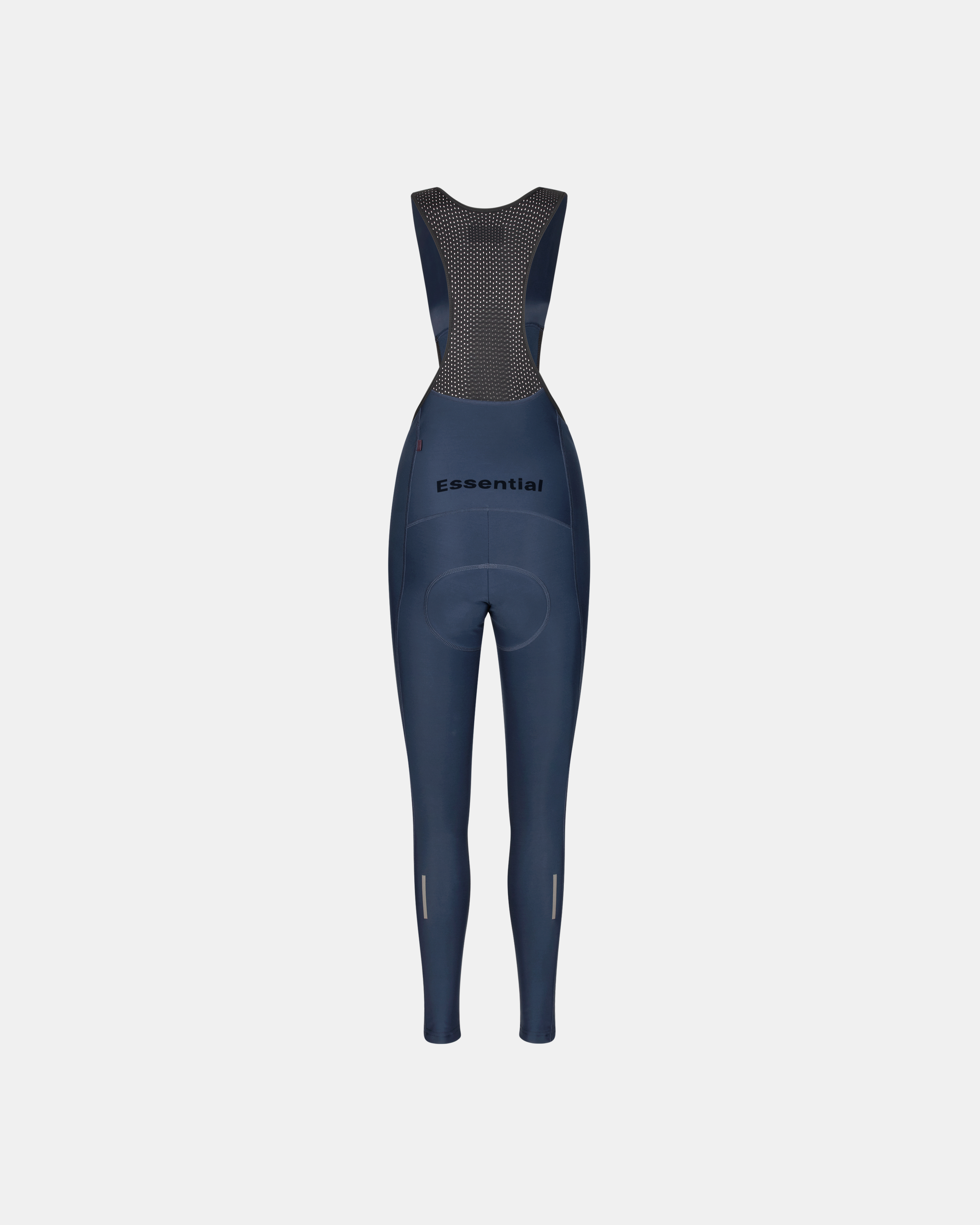 Navy Essential Thermal Long cycling bibs, rear view on mannequin with perforated mesh bib panel