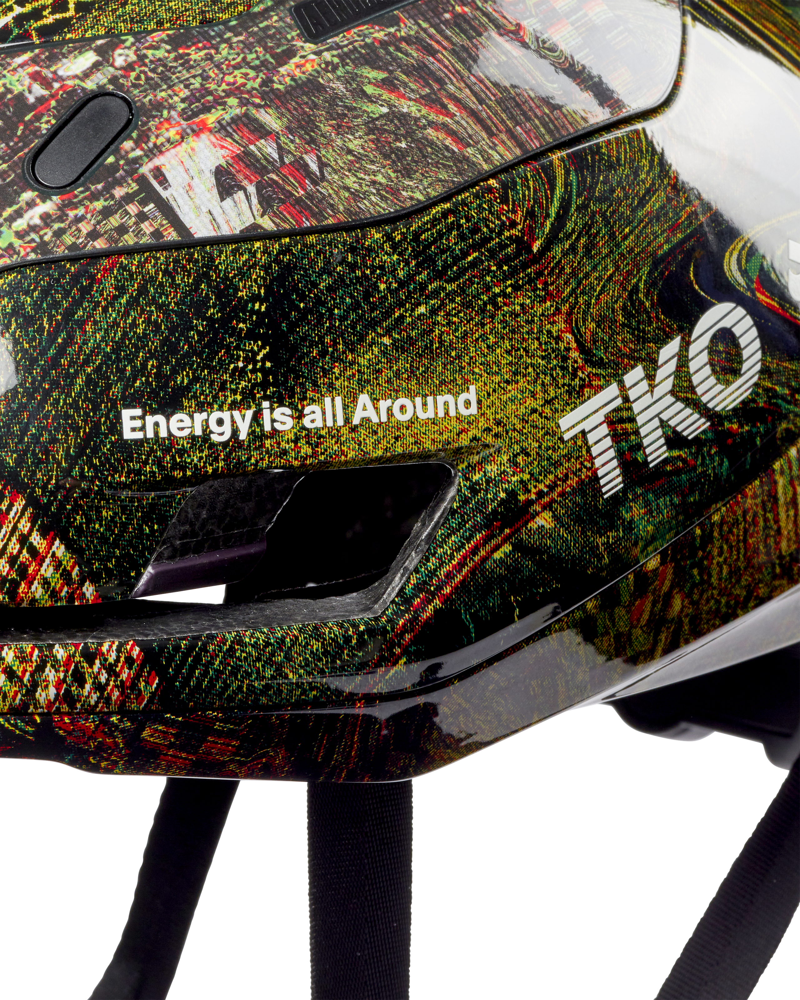 Human Error Green T.K.O. Falconer Aero 2Vi MIPS cycling helmet, side detail view with allover graphic print