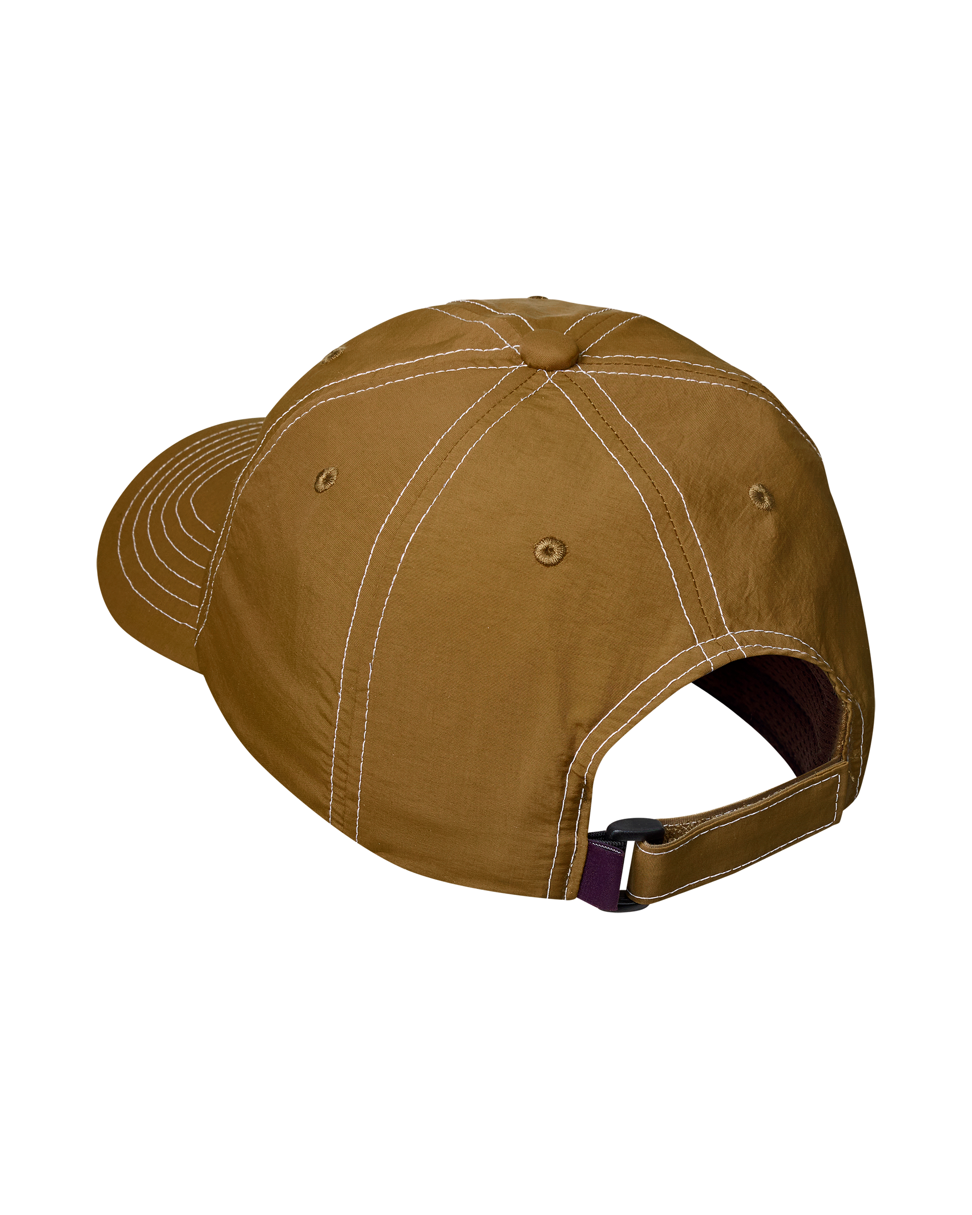 Wood brown Off-Race cap, rear three-quarter view with white contrast stitching and purple adjustable strap