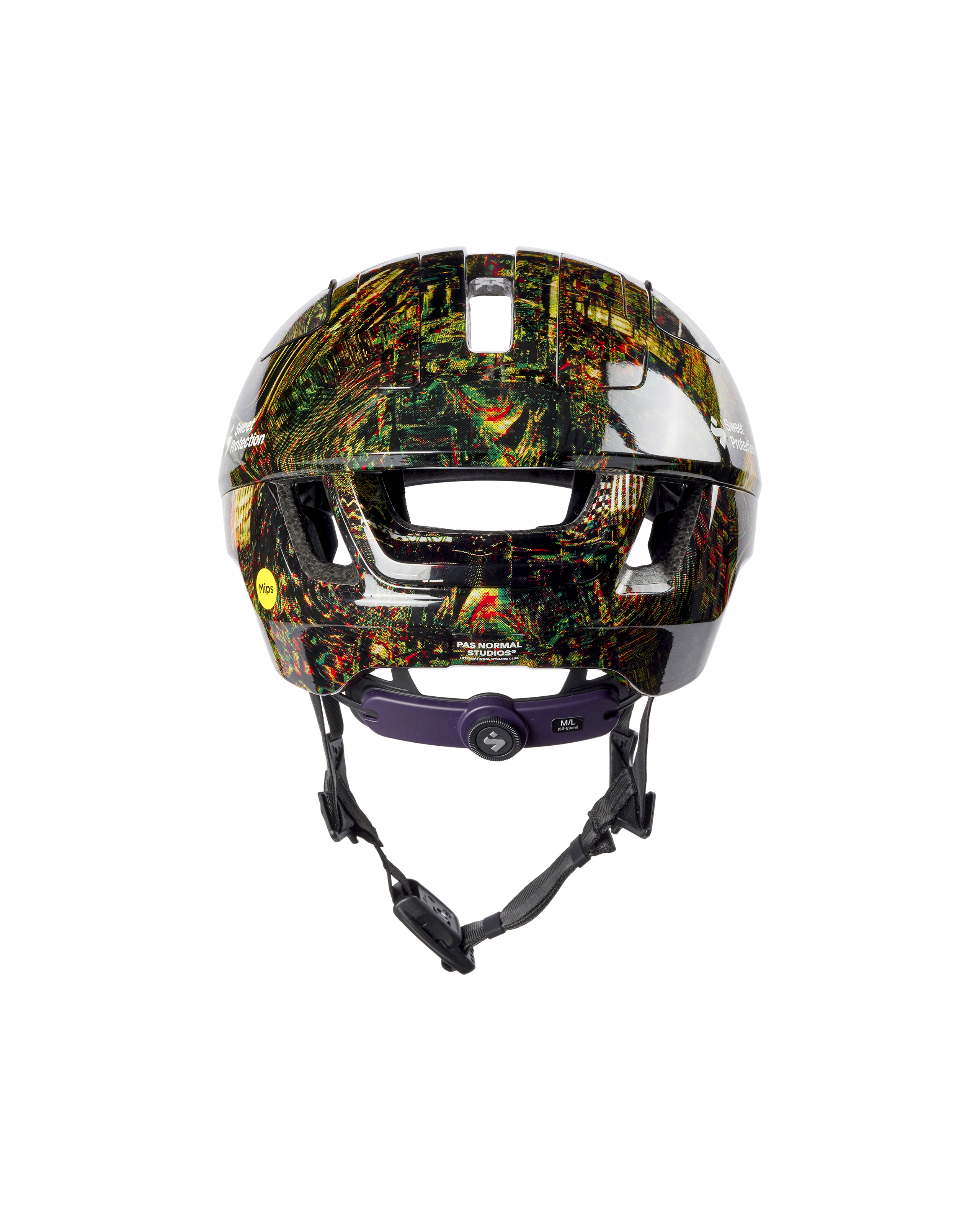 Human Error Green Sweet Protection T.K.O. Falconer Aero 2Vi MIPS cycling helmet, front view with multicolor glitch-art print