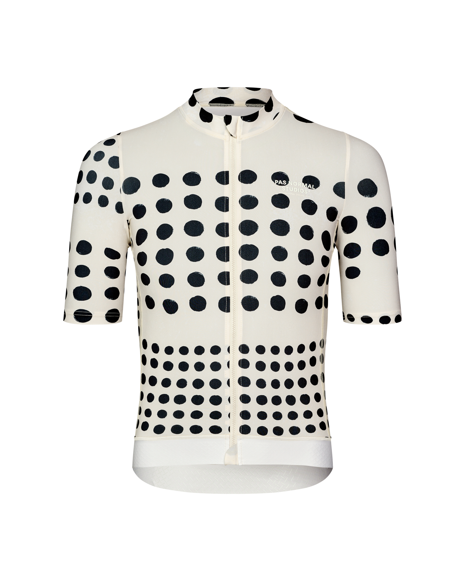 White Essential cycling jersey, front view with black polka dot pattern