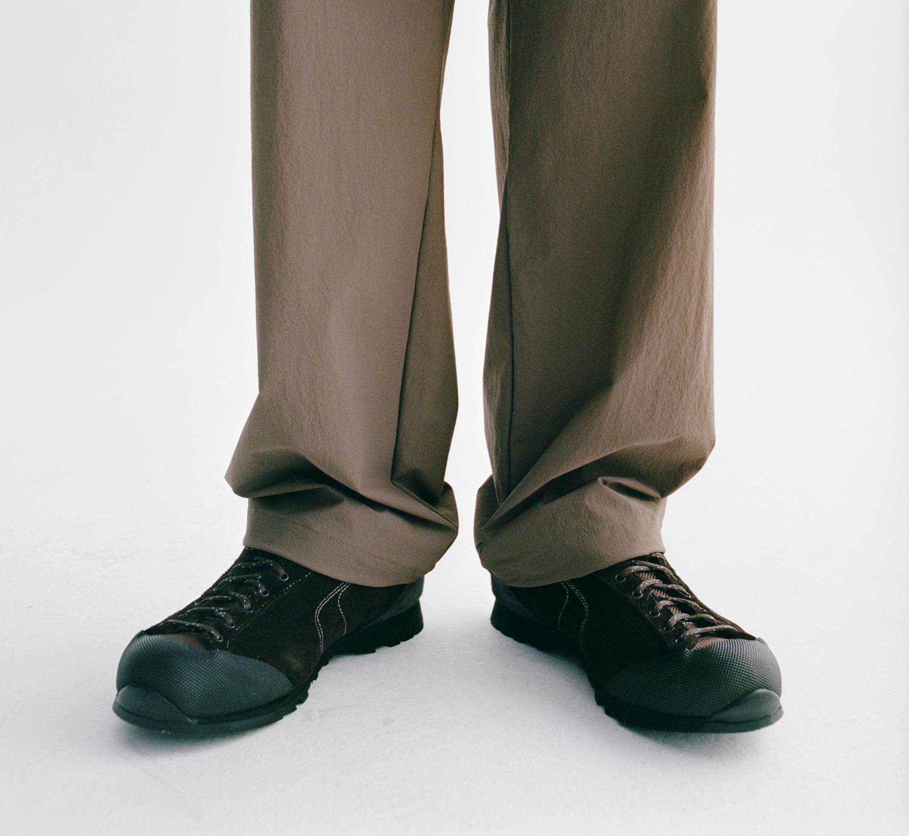 Brown DIEMME MOVIDA'92 shoes on model with khaki trousers, front view
