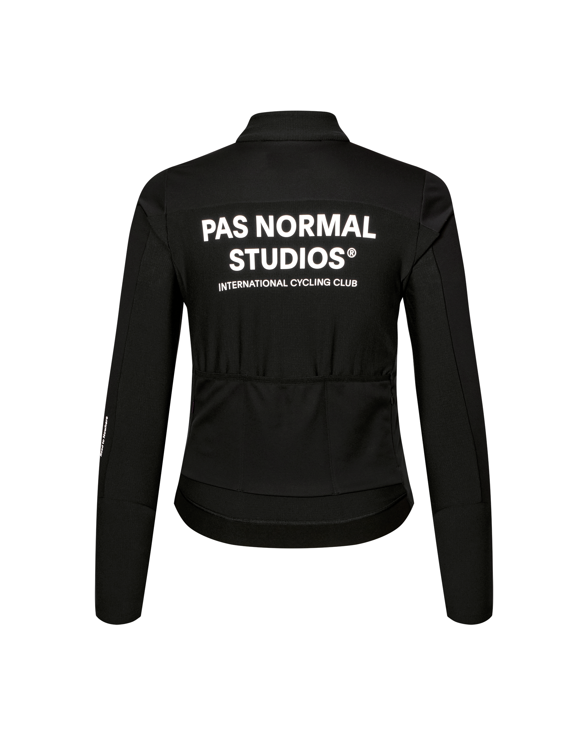 Black Mechanism Thermal Long Sleeve cycling jersey, rear flat lay with white back logo print