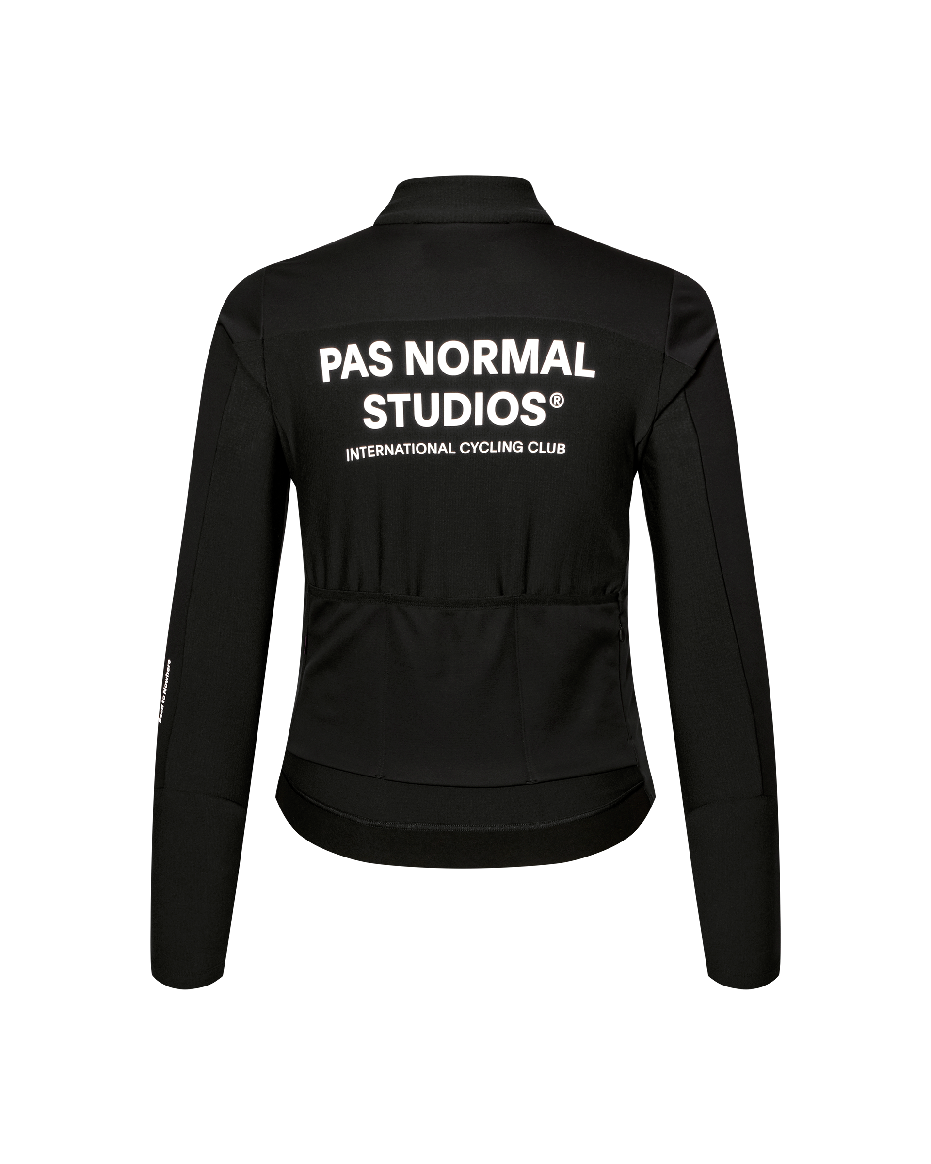 Black Mechanism Thermal Long Sleeve cycling jersey, rear flat lay with white back logo print