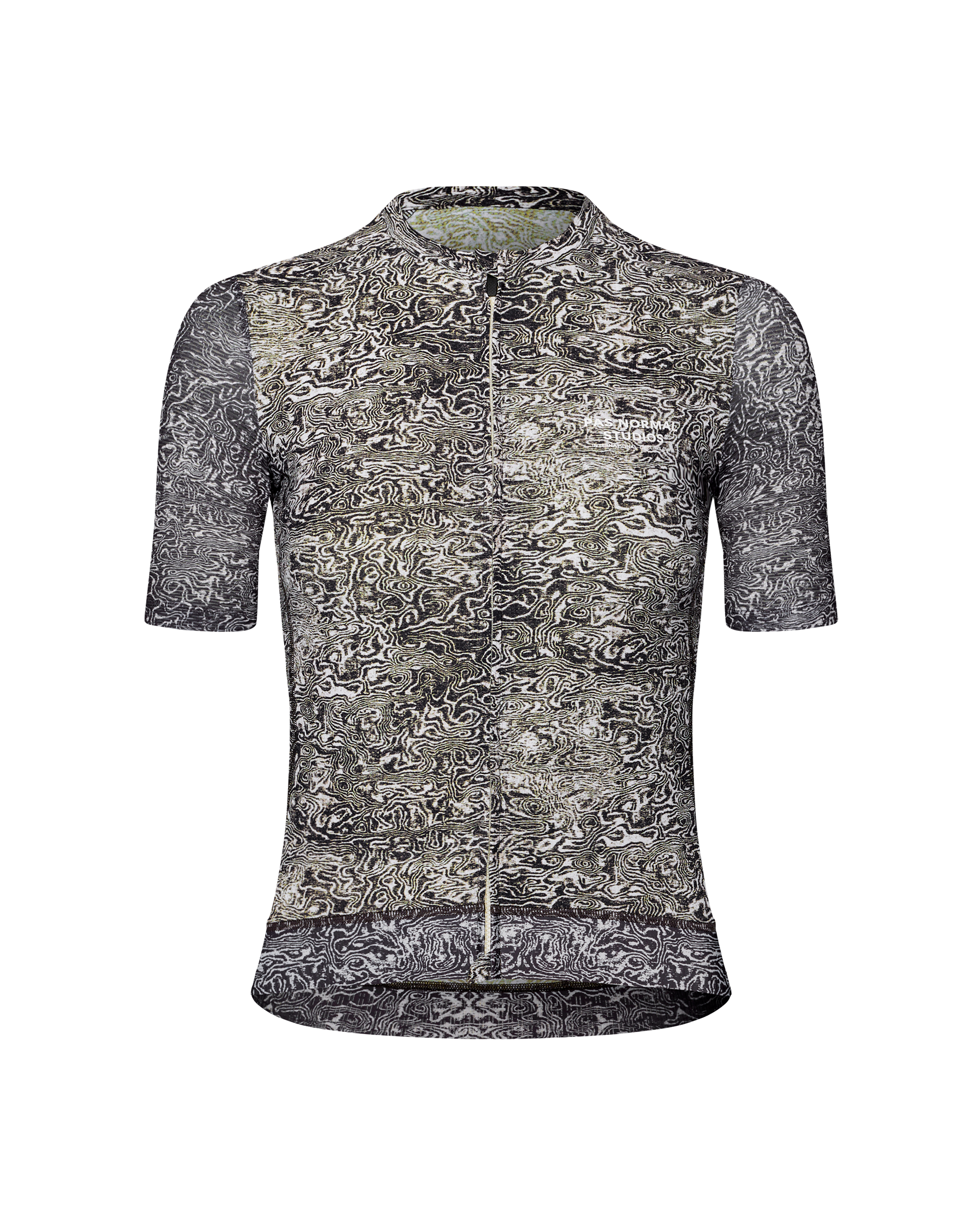 Off White Essential cycling jersey, front flat lay with all-over topographic wave print