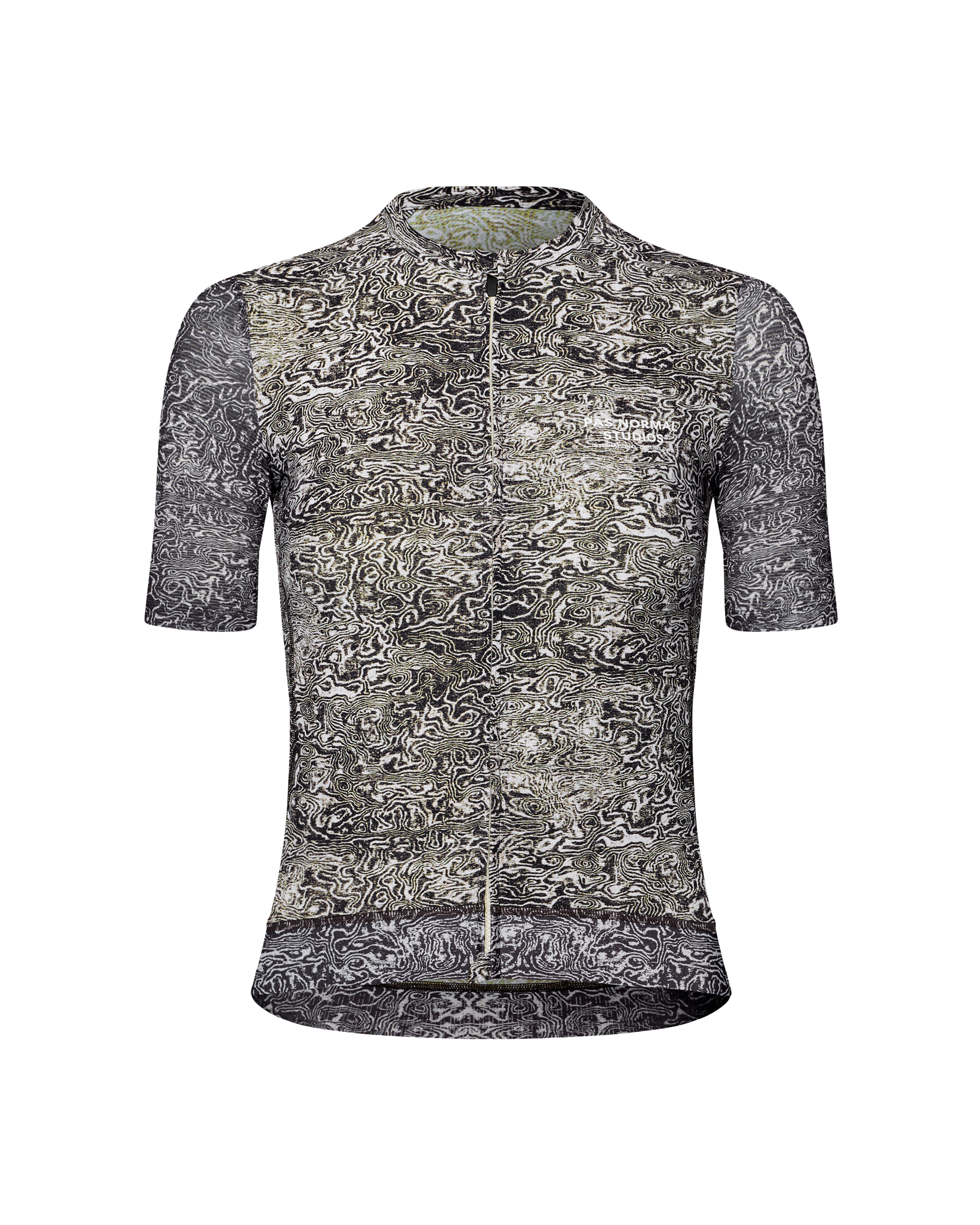 Off White Essential cycling jersey, front flat lay with all-over topographic wave print