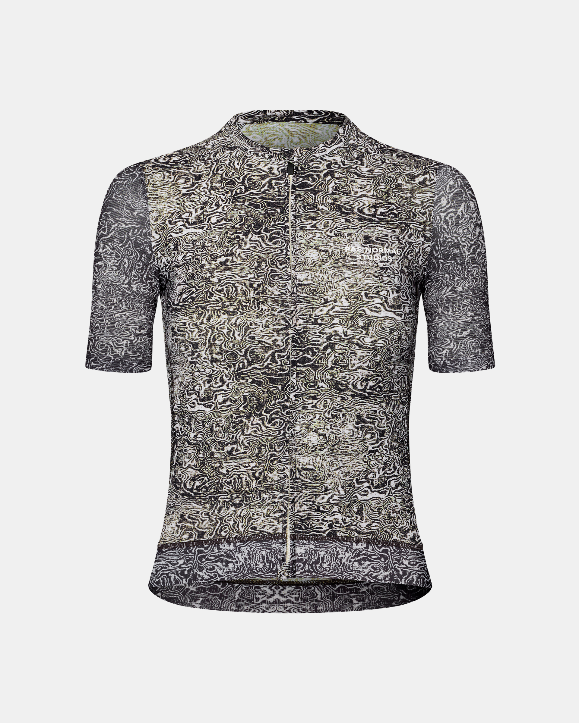 Off White Essential cycling jersey, front flat lay with all-over topographic wave print