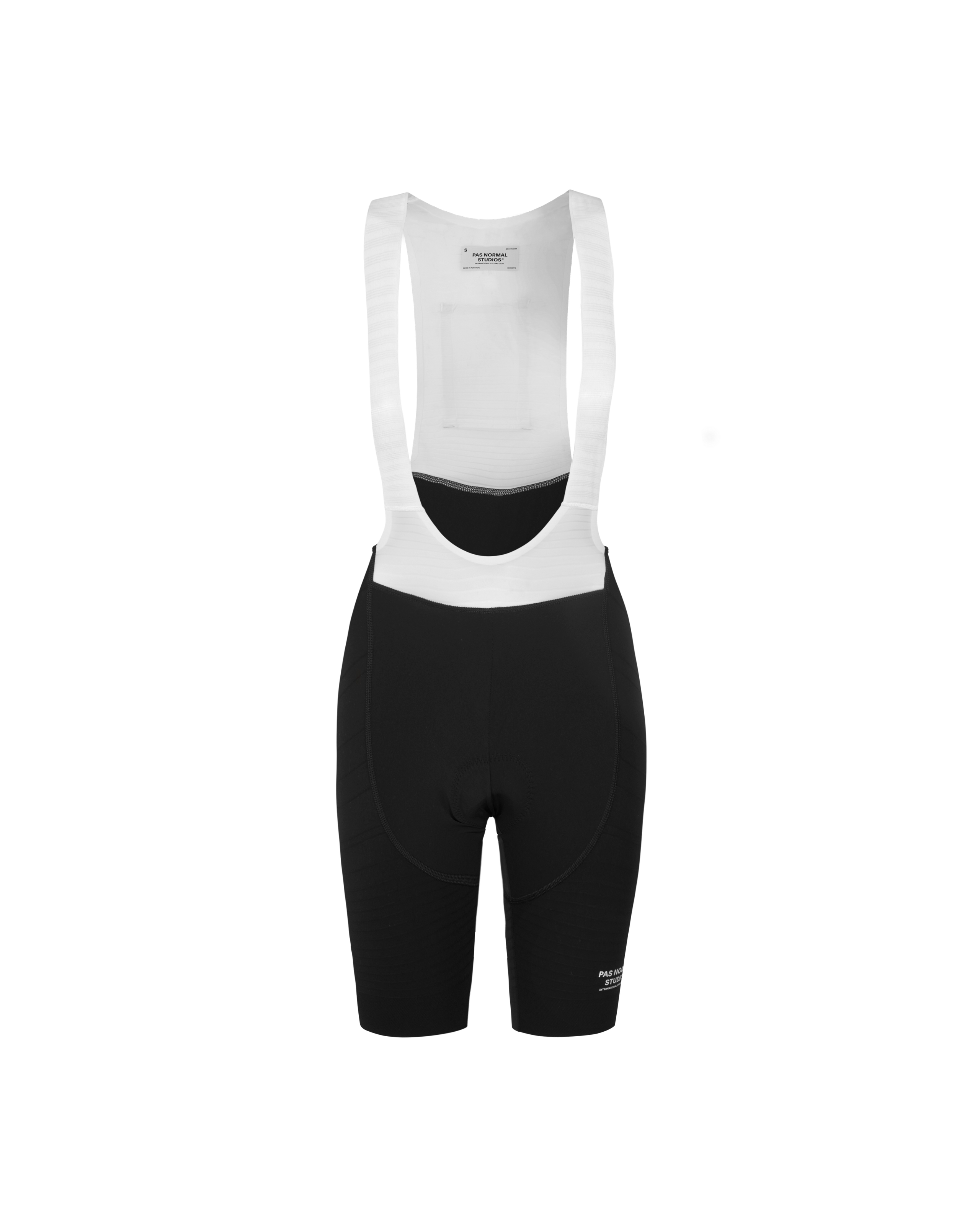 Black Mechanism Pro cycling bibs, front flat lay with white shoulder straps