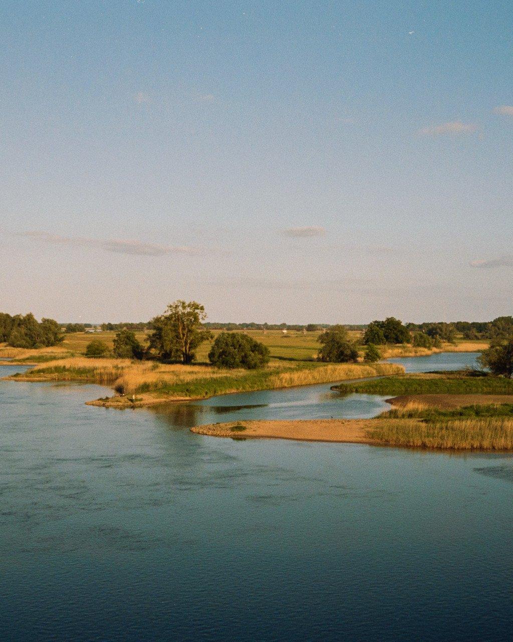 Scenic lakeside landscape with green fields and trees under blue sky