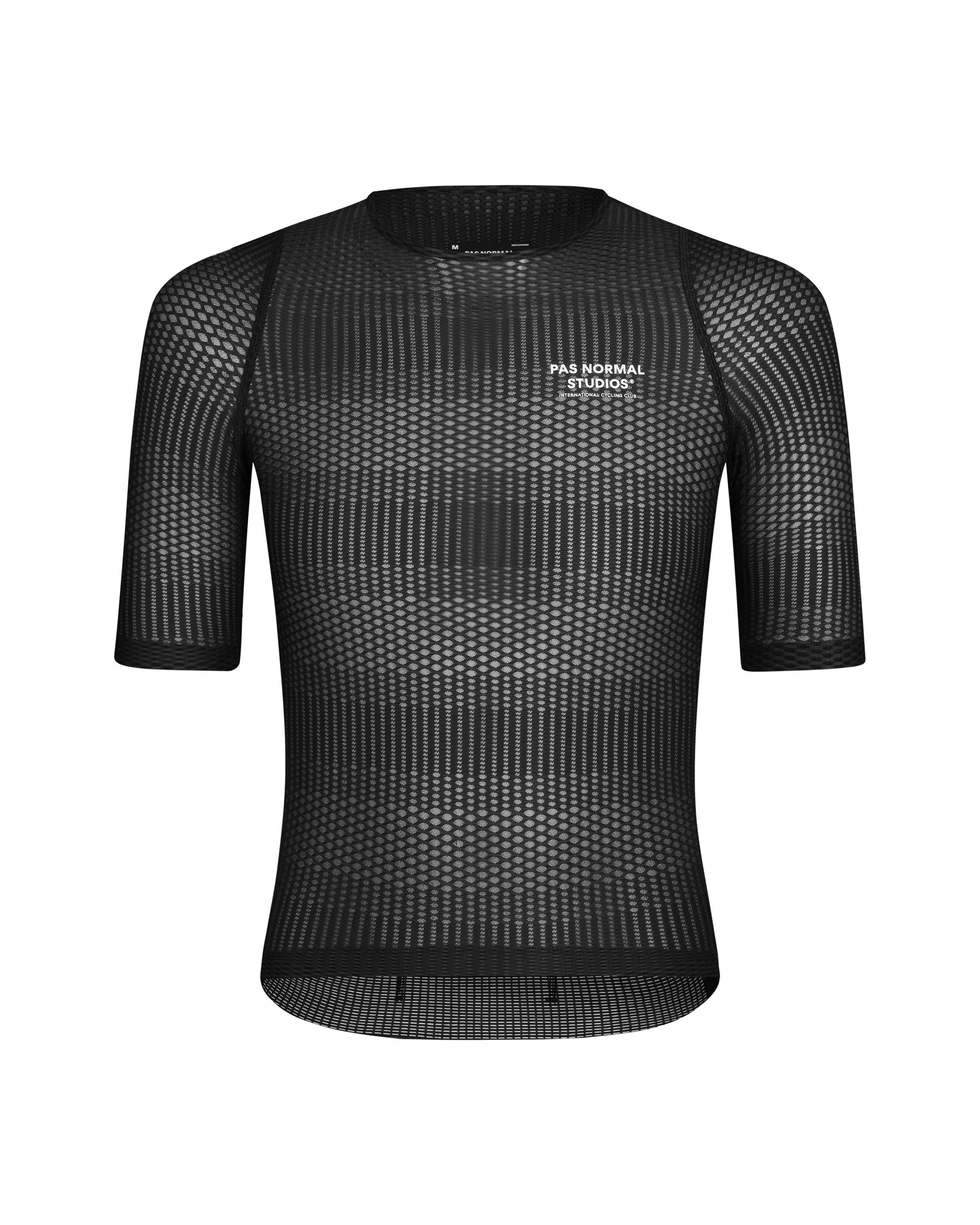 Black Mechanism Pro Zipless cycling jersey, front view with geometric mesh pattern