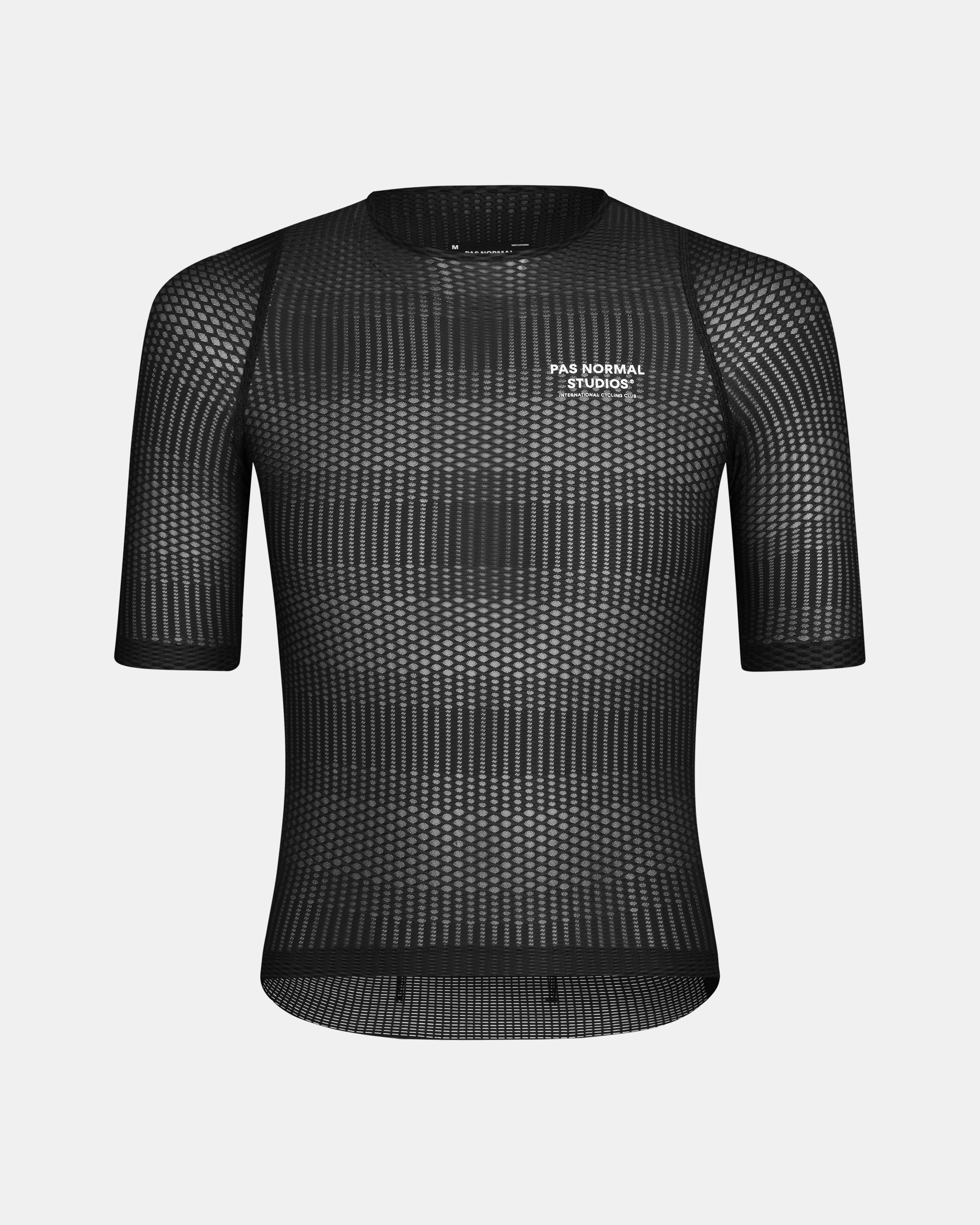 Black Mechanism Pro Zipless cycling jersey, front view with geometric mesh pattern