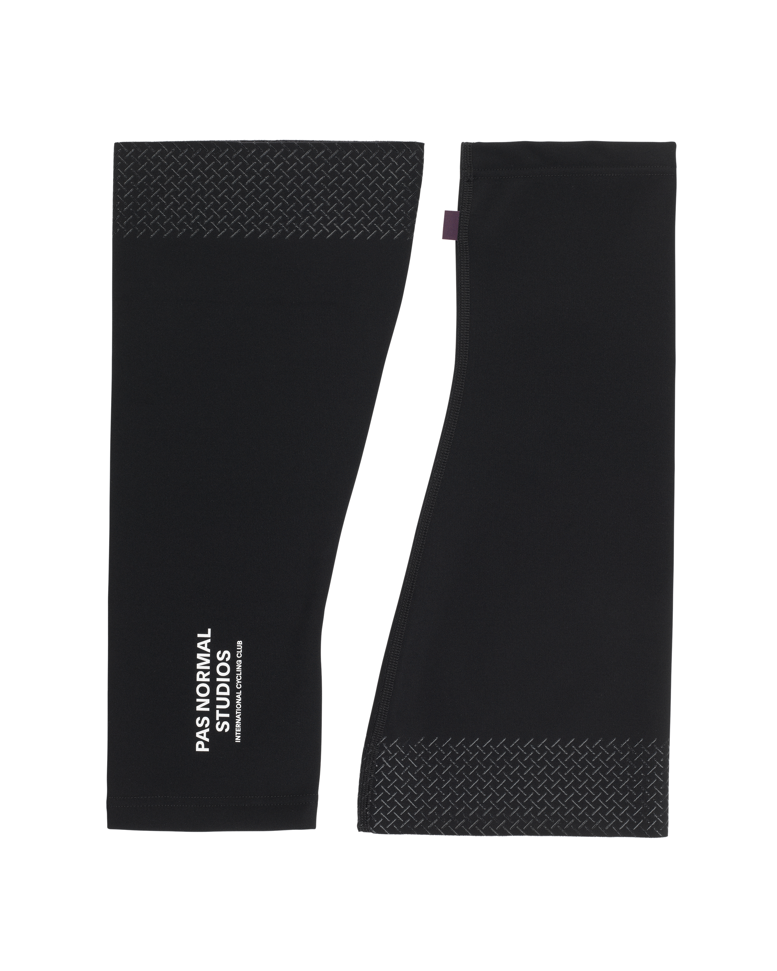Black Logo knee warmers, flat lay pair with diamond pattern silicone grippers