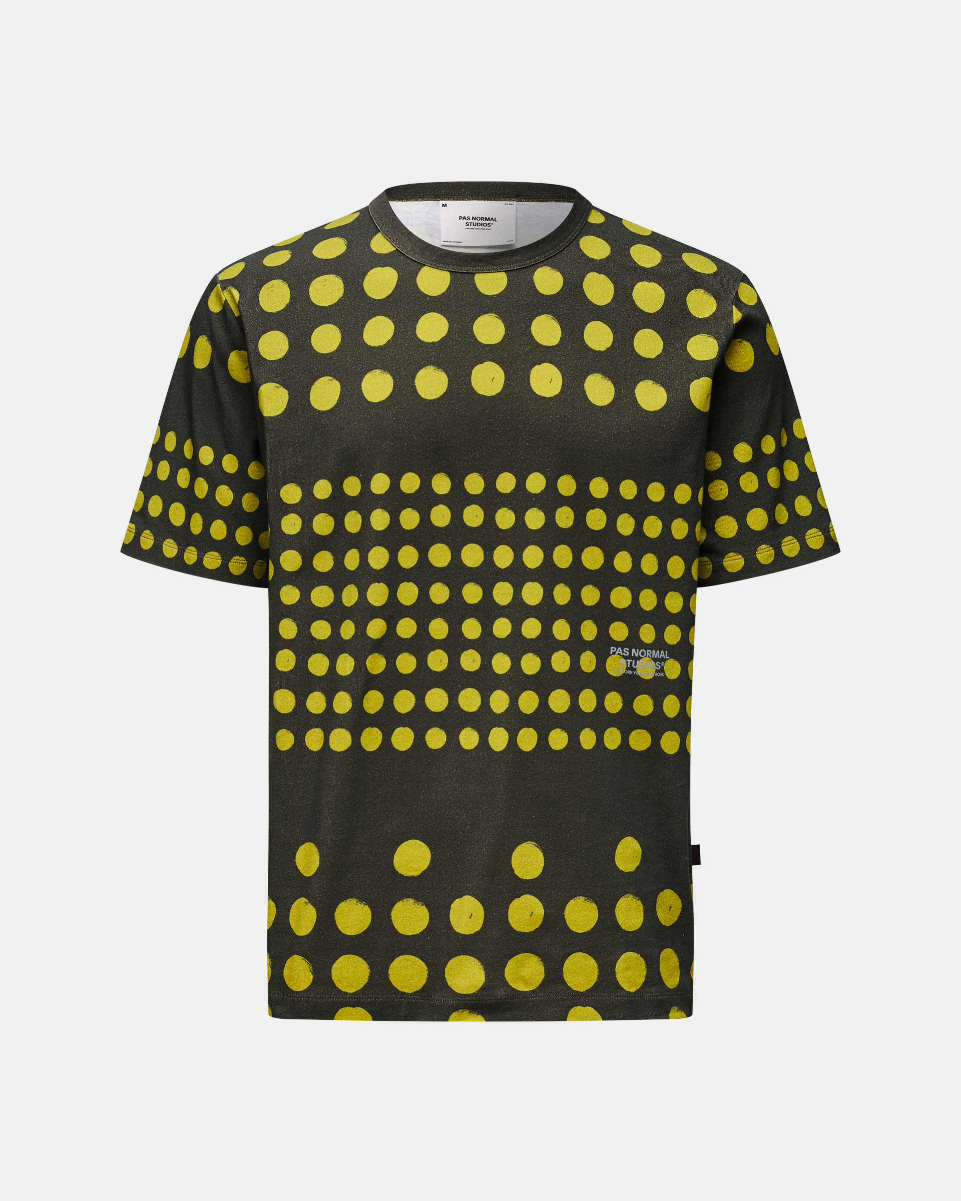 Brown Off-Race Graphic t-shirt, front view with yellow polka dot pattern