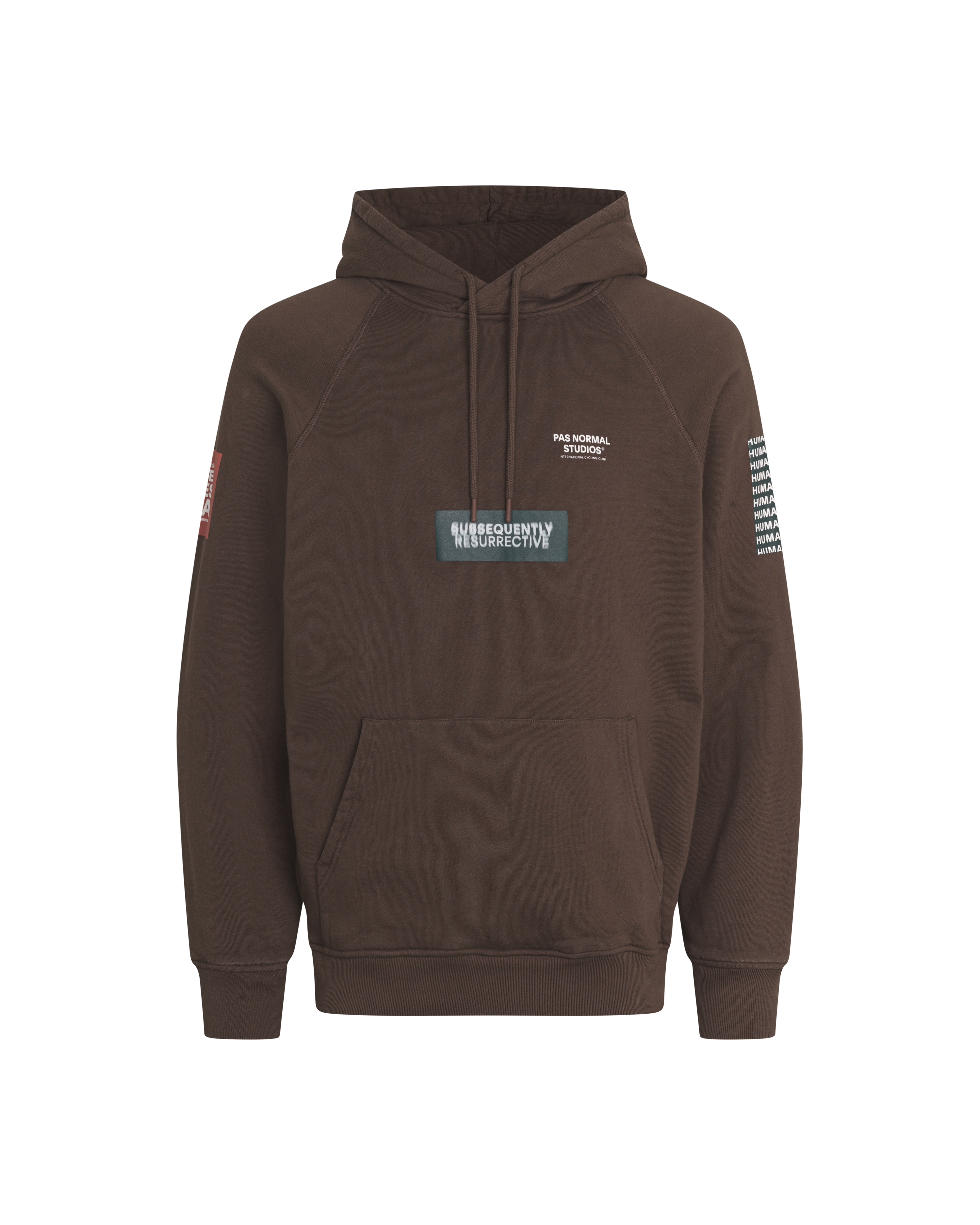 Light Brown T.K.O. Off-Race hoodie, front flat lay with graphic chest patch and sleeve text prints