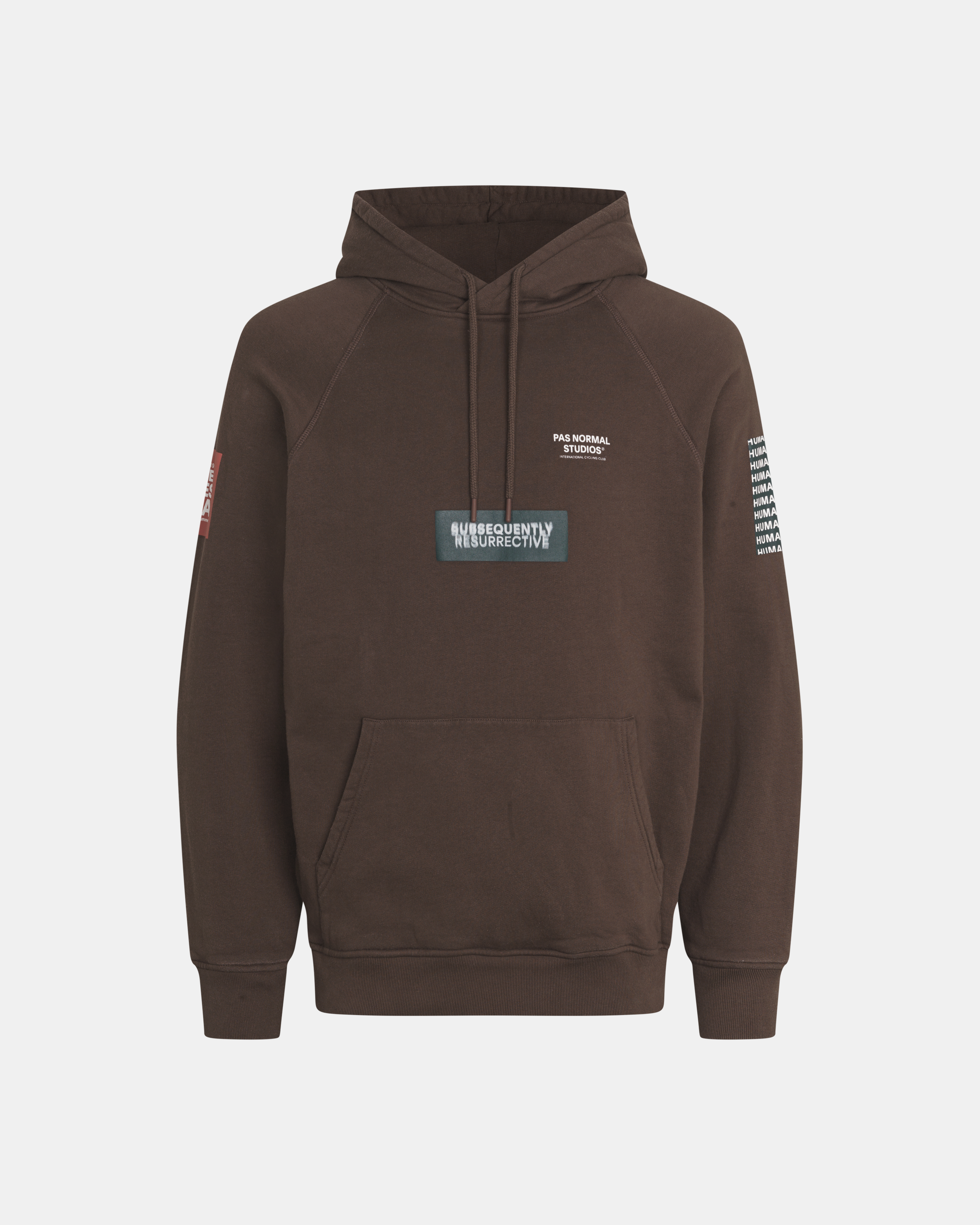 Light Brown T.K.O. Off-Race hoodie, front flat lay with graphic chest patch and sleeve text prints