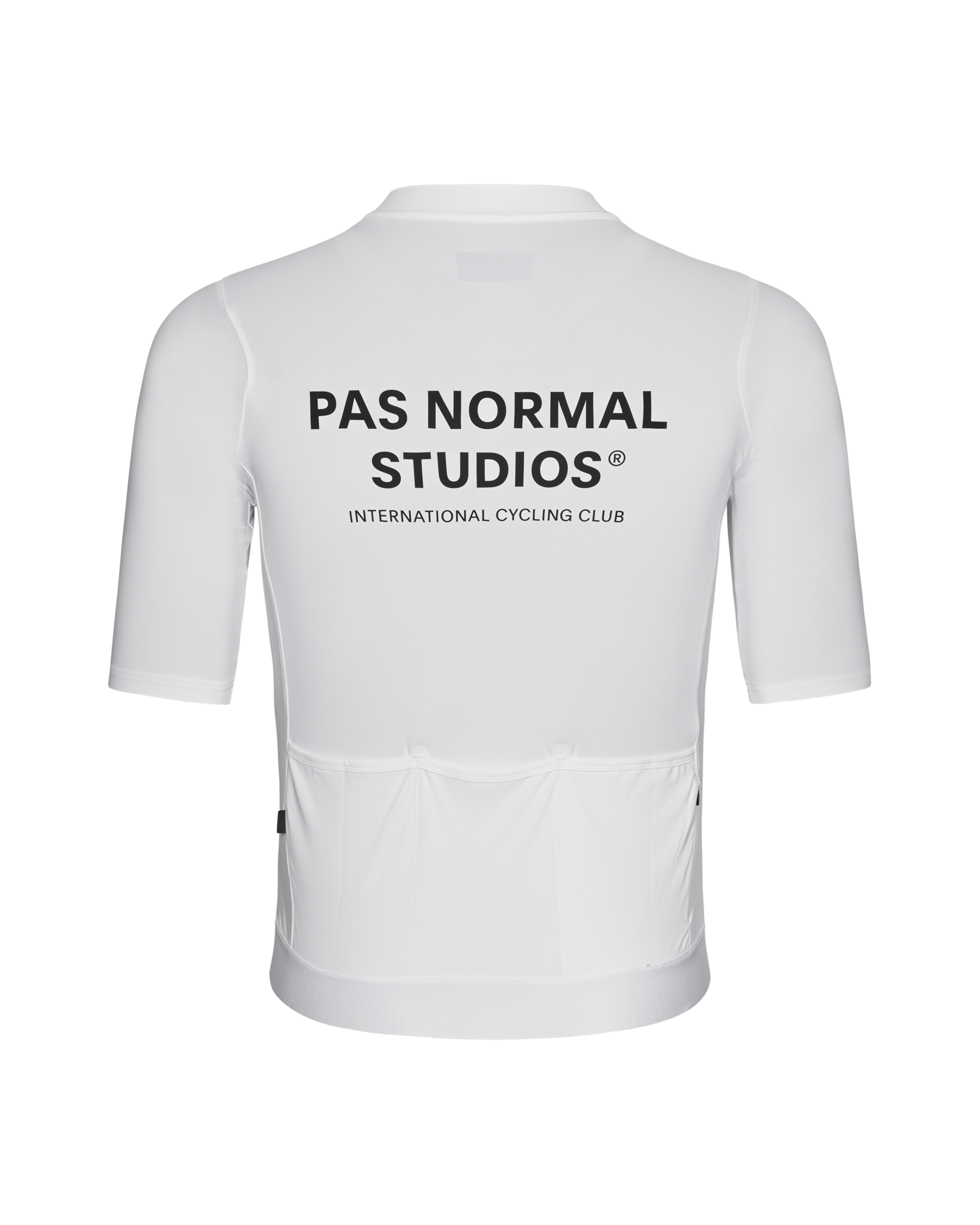 White Essential cycling jersey, rear view with black back print and rear pockets
