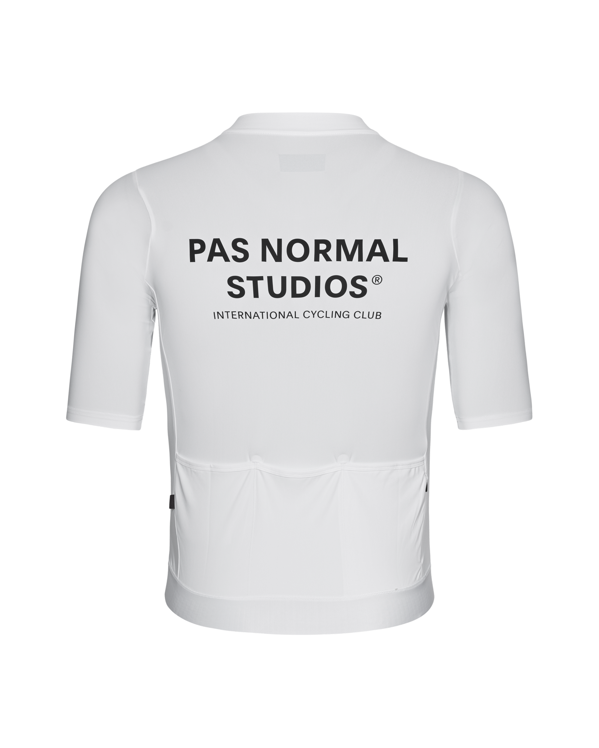 White Essential cycling jersey, rear view with black back print and rear pockets