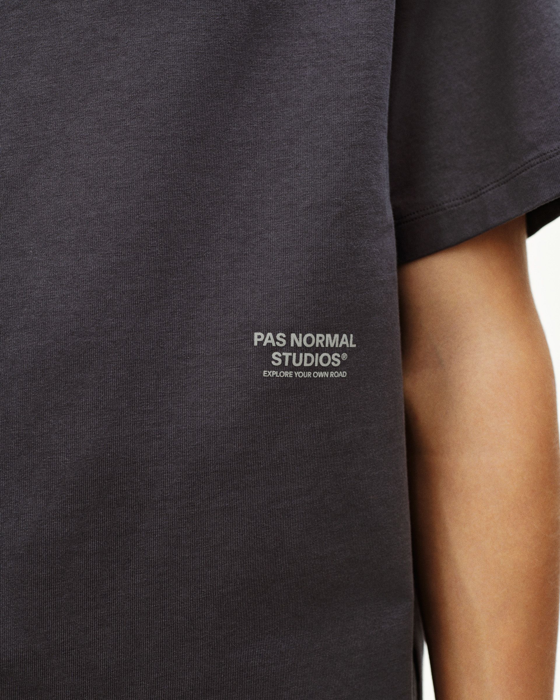 Grey Off-Race t-shirt on model with white chest logo