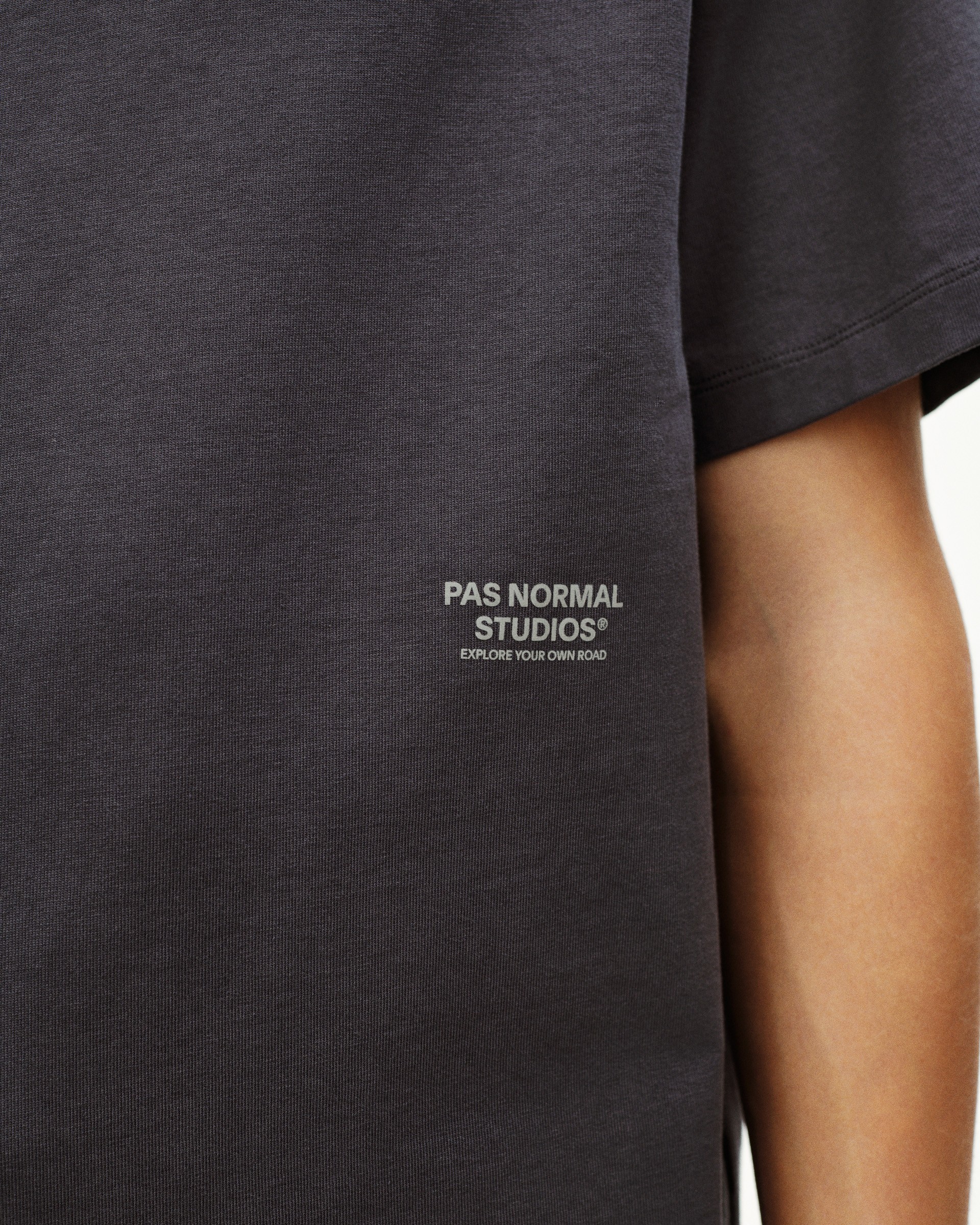 Grey Off-Race t-shirt on model with white chest logo