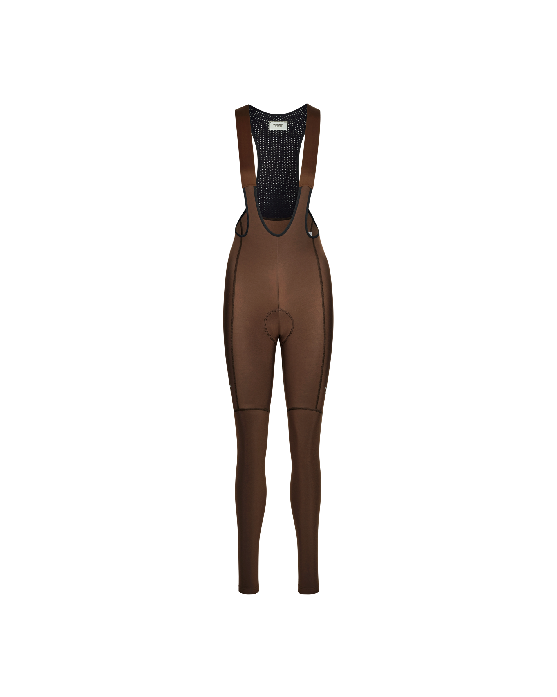 Light Brown Essential Thermal Long cycling bibs, front flat lay with mesh bib panel and full-length legs