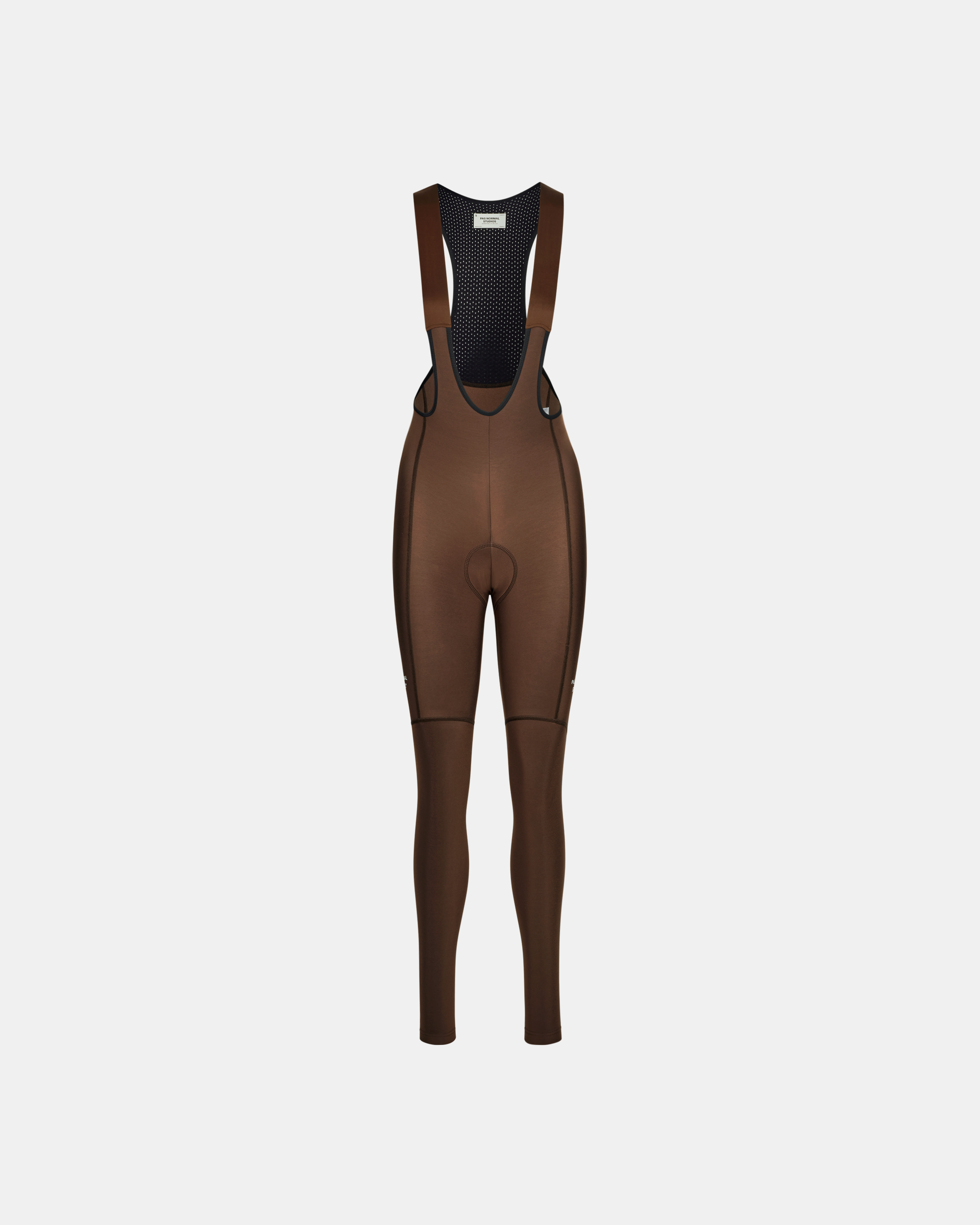 Light Brown Essential Thermal Long cycling bibs, front flat lay with mesh bib panel and full-length legs