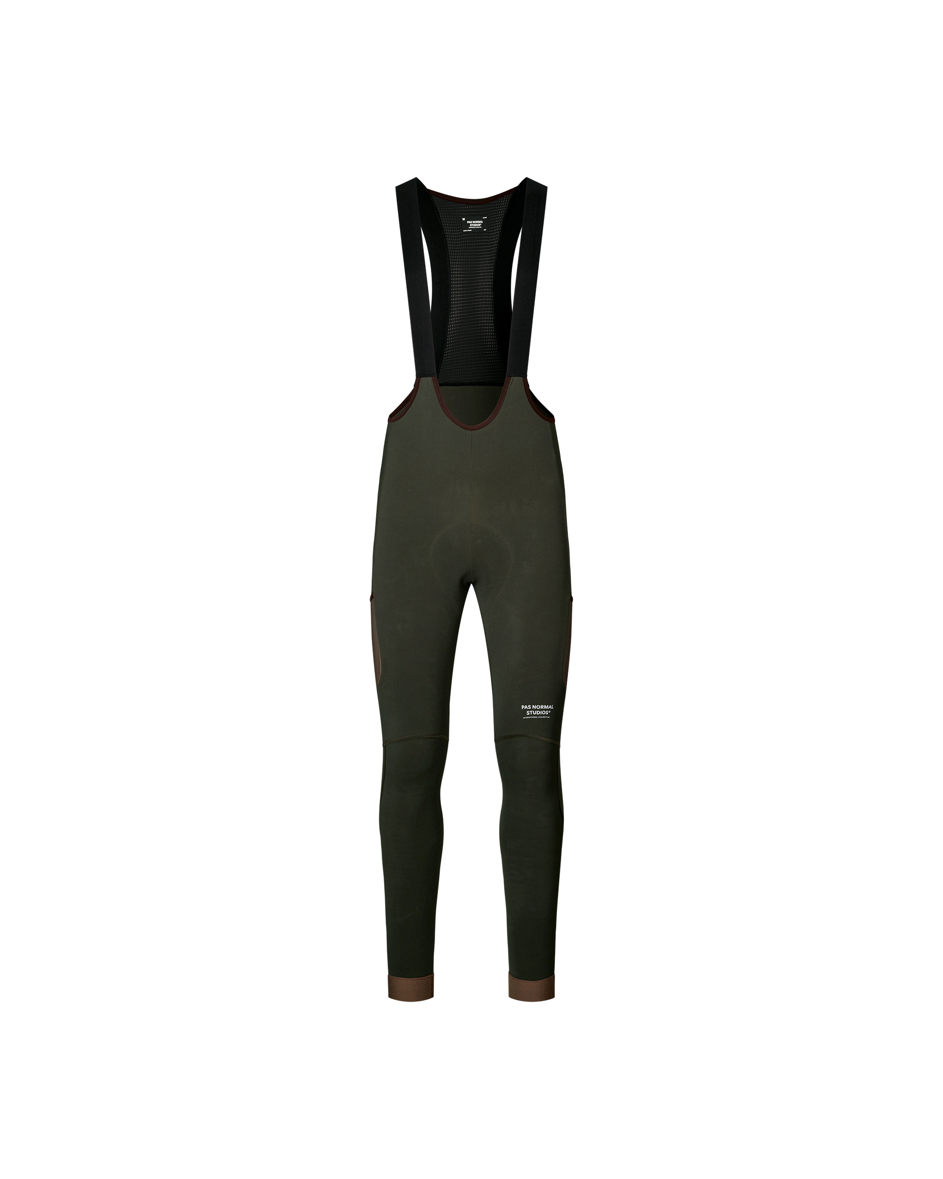 Dark Olive Escapism Long Cargo cycling bib tights, front flat lay with black straps and brown contrast trim