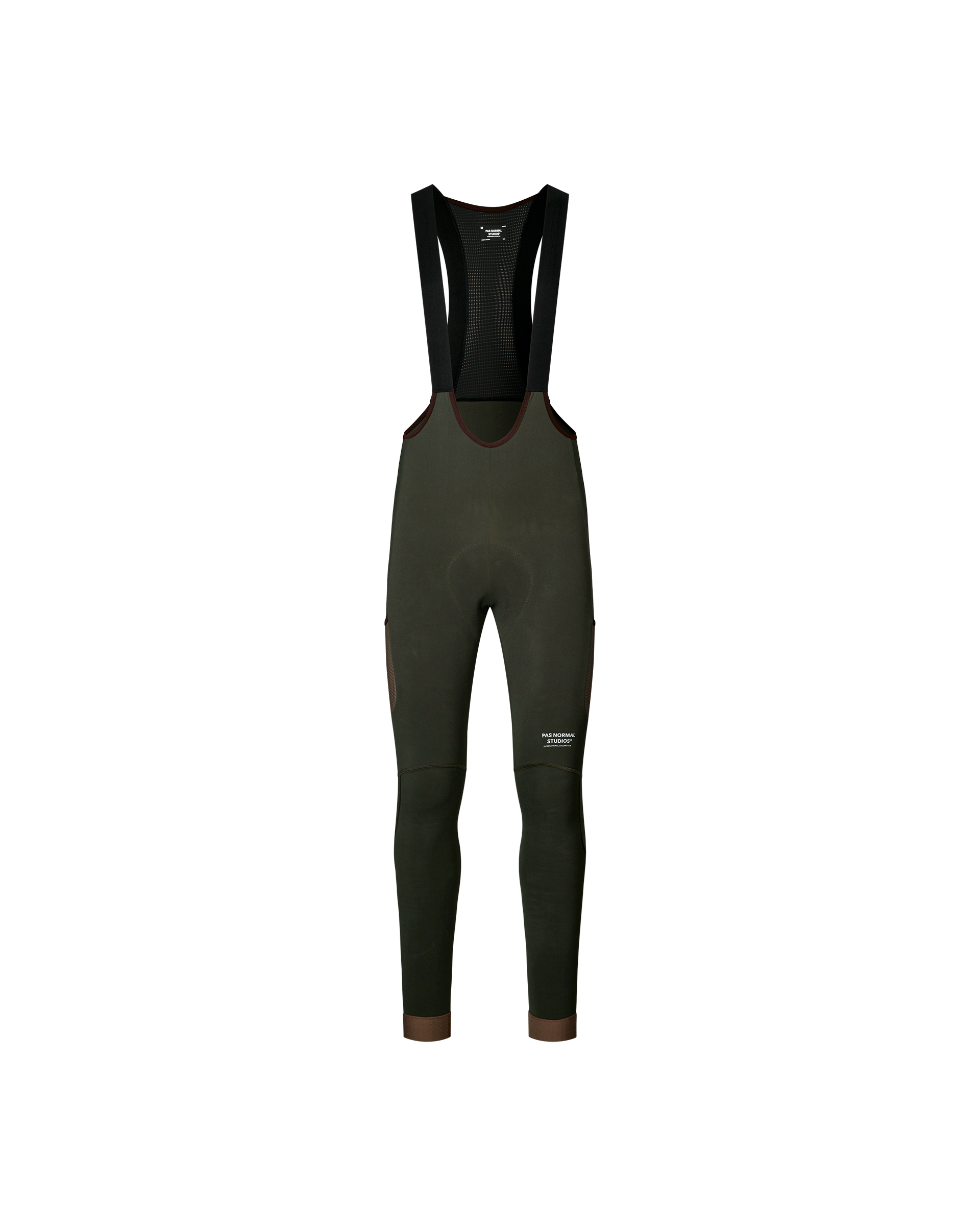 Dark Olive Escapism Long Cargo cycling bib tights, front flat lay with black straps and brown contrast trim