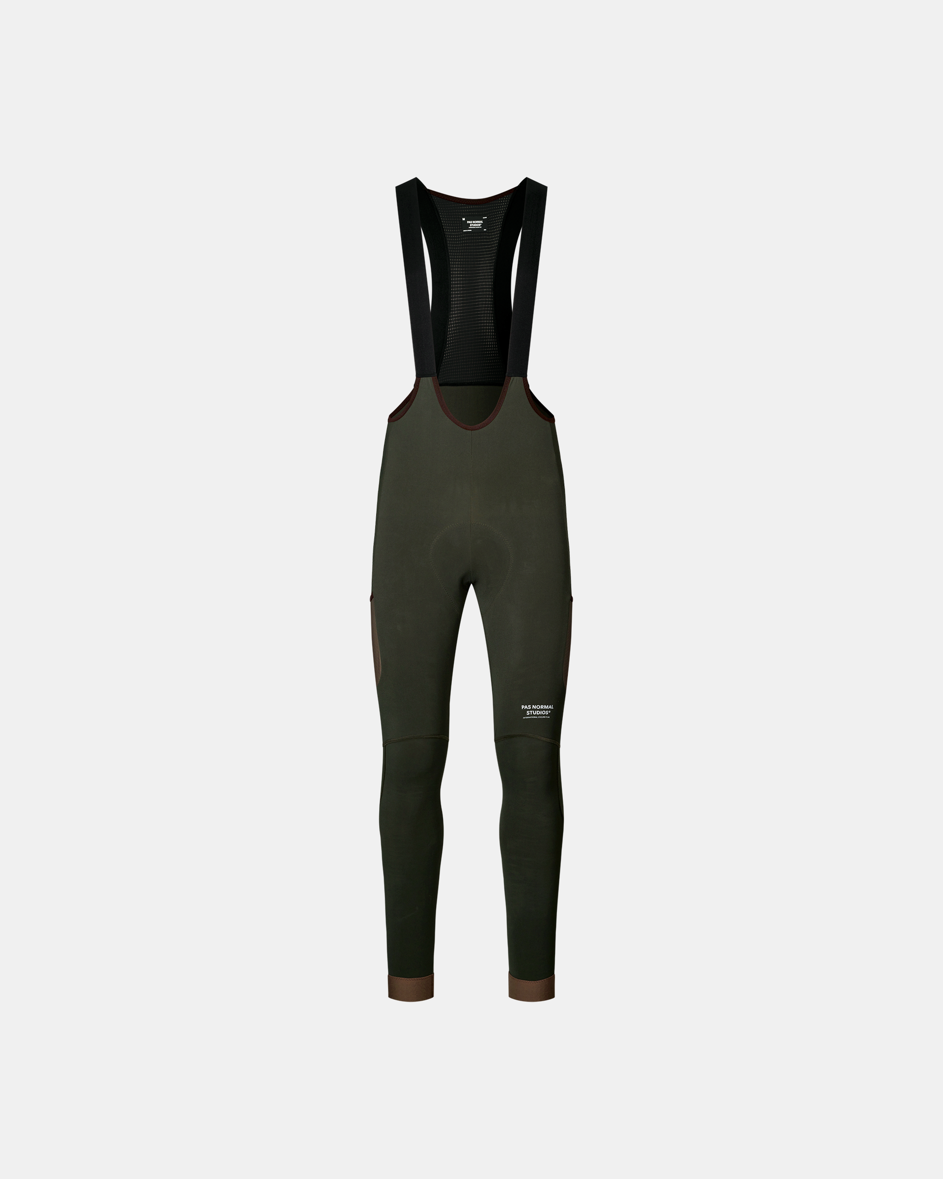 Dark Olive Escapism Long Cargo cycling bib tights, front flat lay with black straps and brown contrast trim