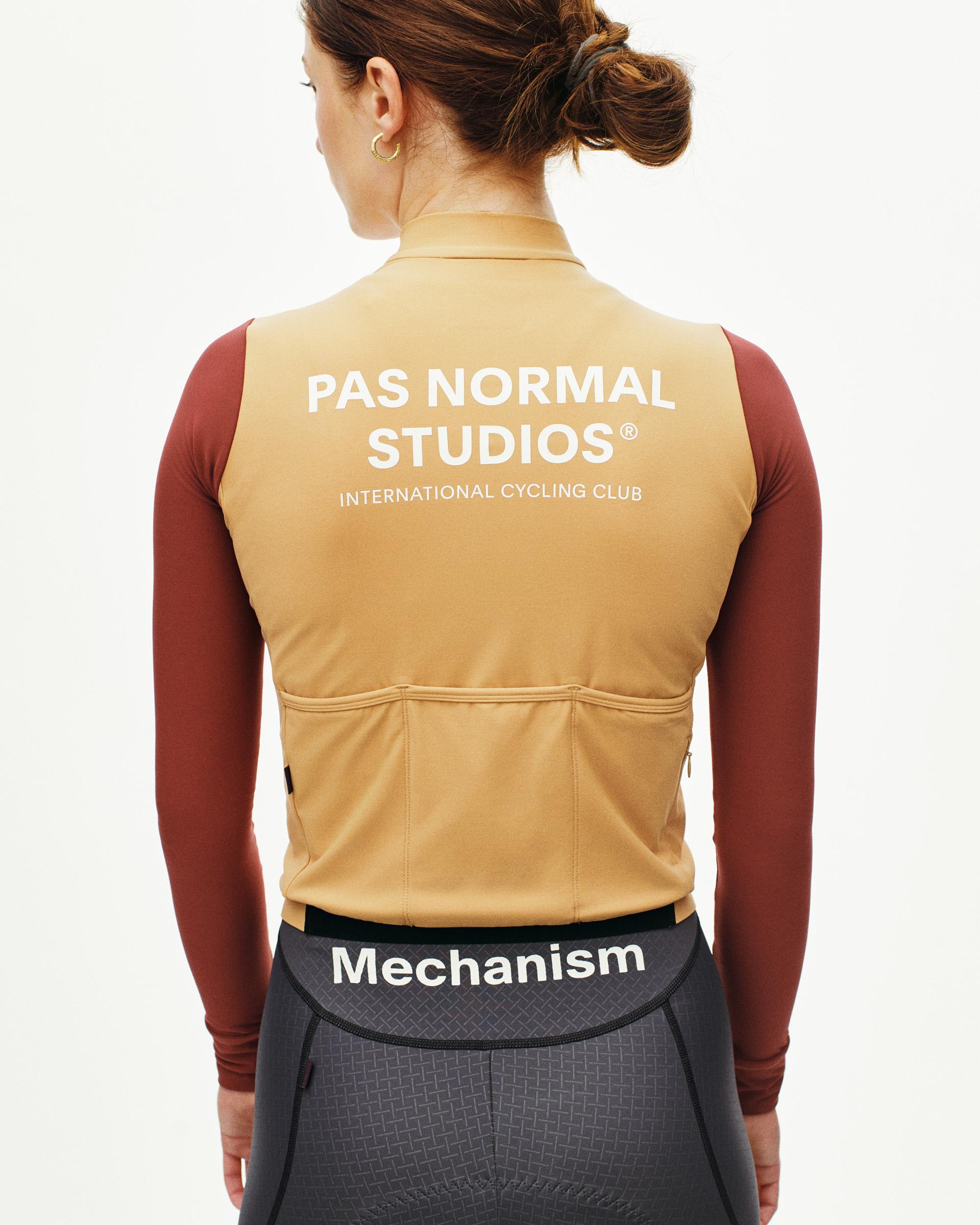 Camel Mechanism long sleeve cycling jersey, rear view on model with maroon sleeves