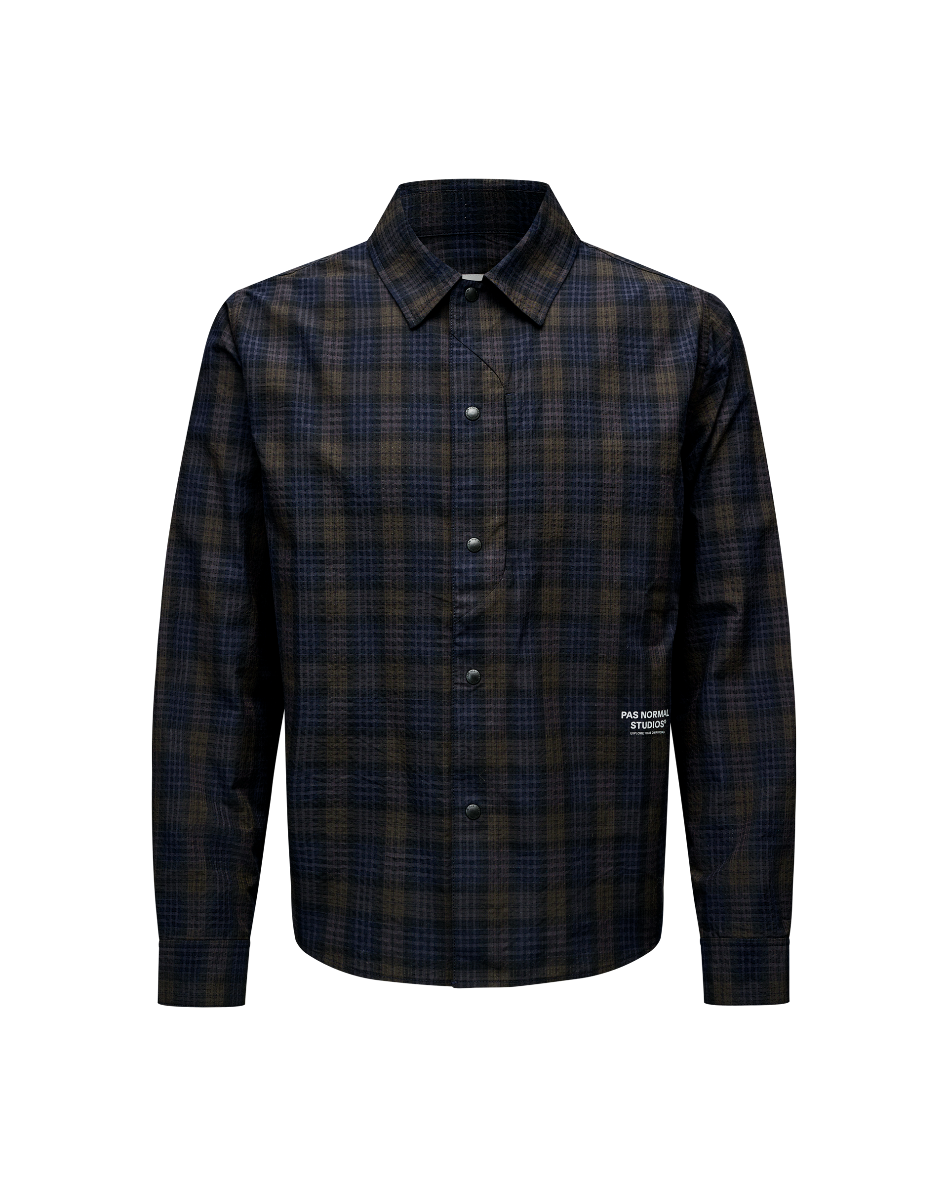 Dark Navy Off-Race Seersucker shirt, front flat lay with dark plaid pattern and snap buttons