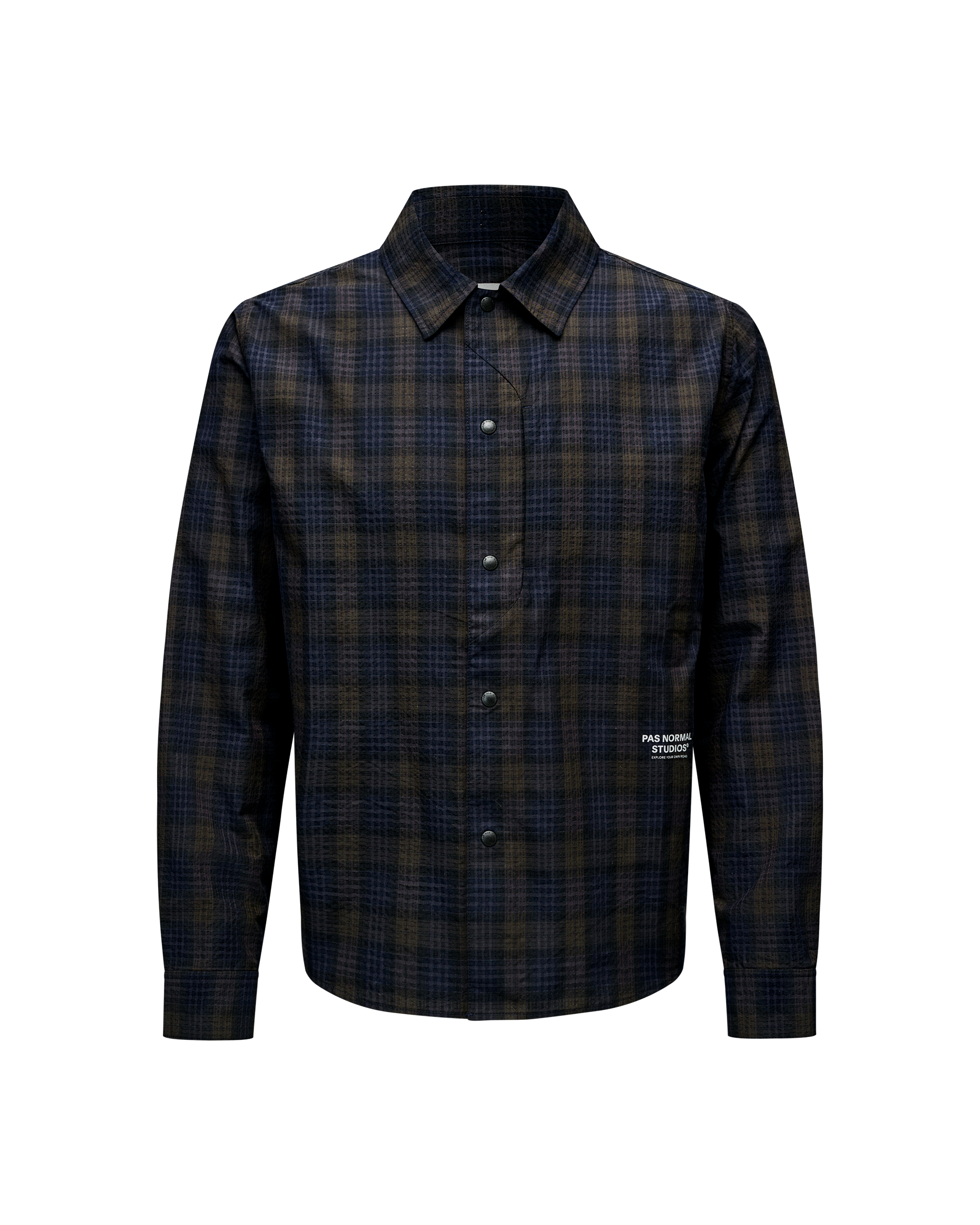 Dark Navy Off-Race Seersucker shirt, front flat lay with dark plaid pattern and snap buttons