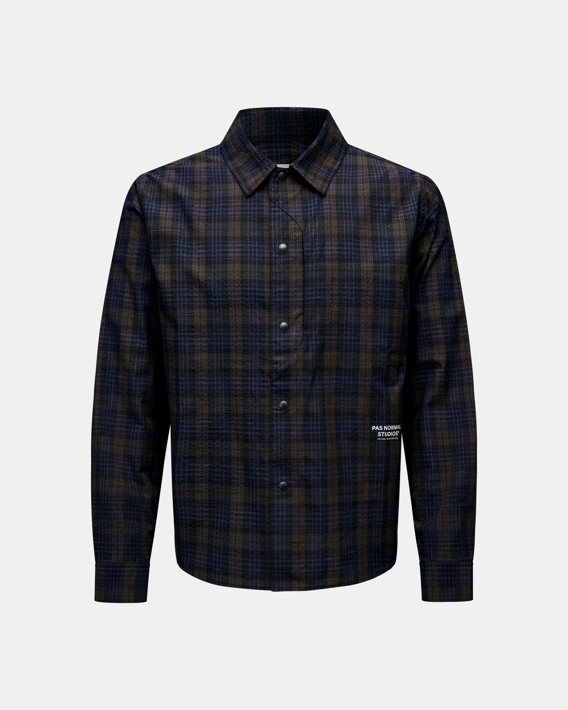 Dark Navy Off-Race Seersucker shirt, front flat lay with dark plaid pattern and snap buttons