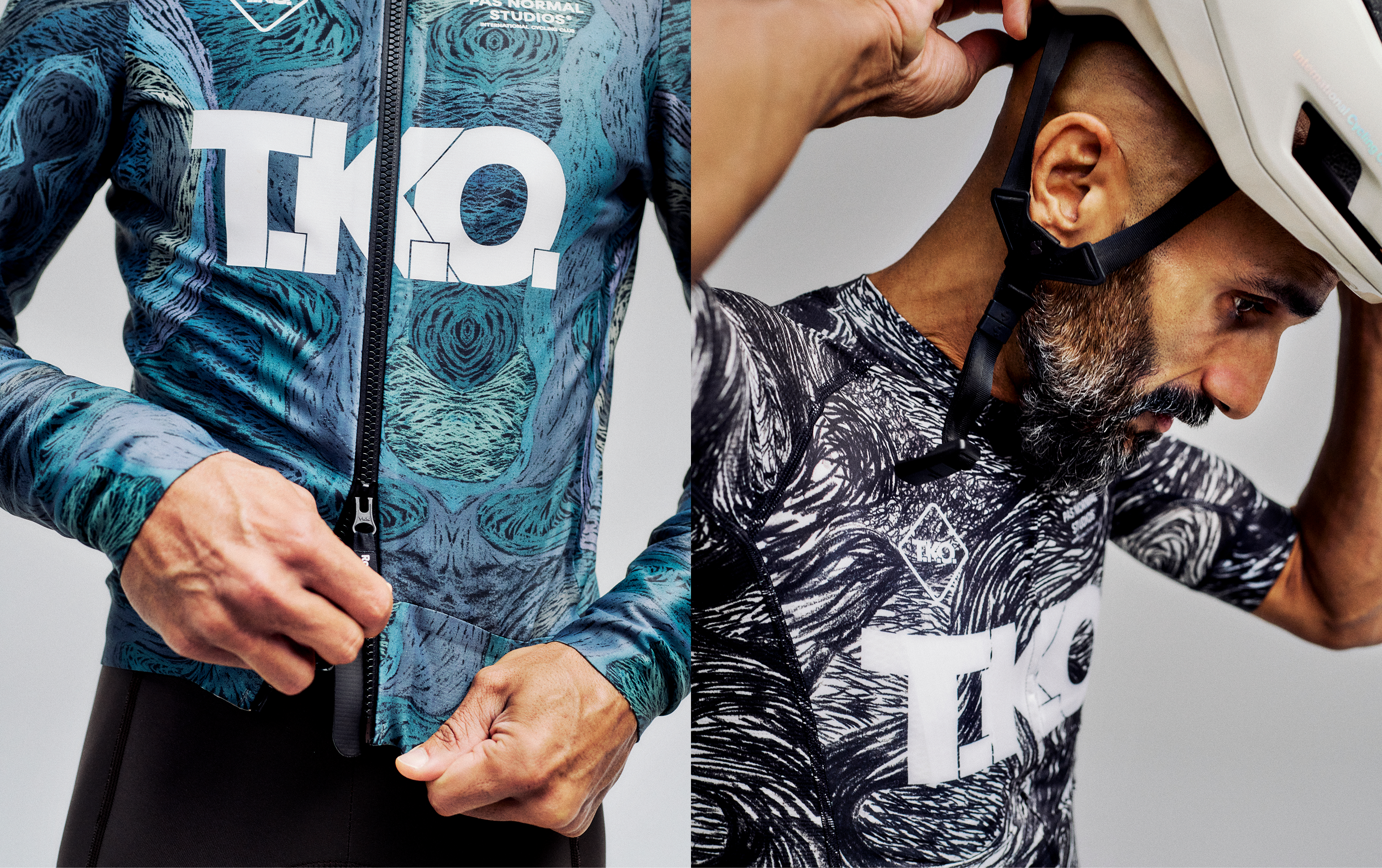 Models wearing T.K.O. collection jerseys with artistic swirl patterns in blue and black colorways