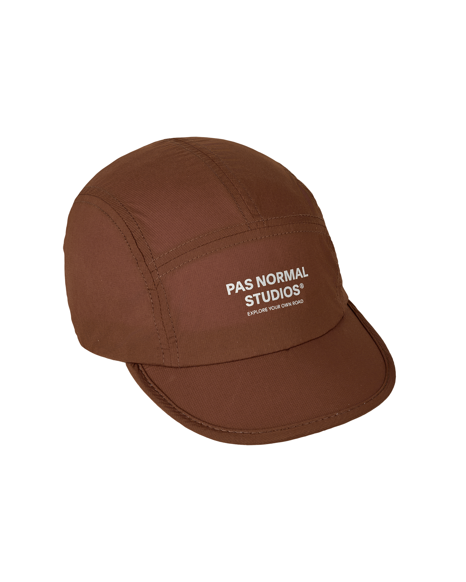 Maroon Brown Balance cycling cap, three-quarter view with white front panel logo print