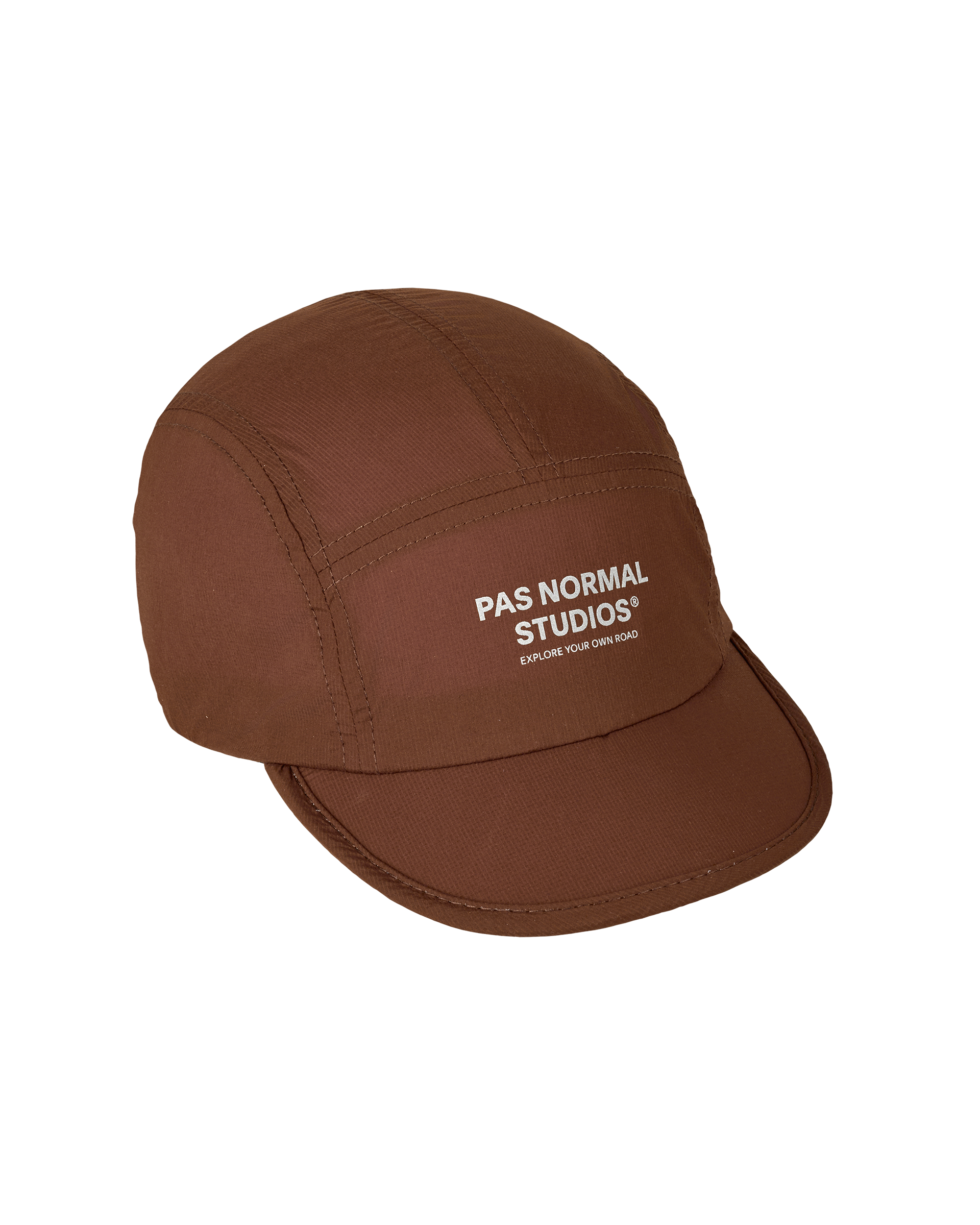 Maroon Brown Balance cycling cap, three-quarter view with white front panel logo print