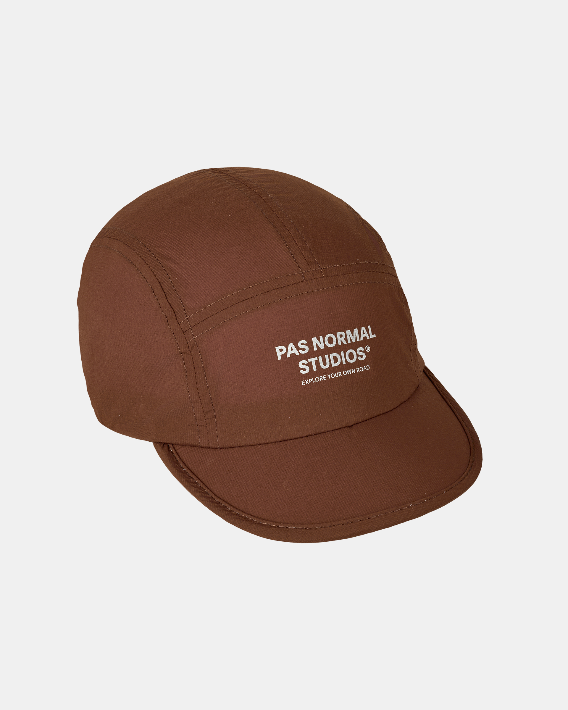 Maroon Brown Balance cycling cap, three-quarter view with white front panel logo print