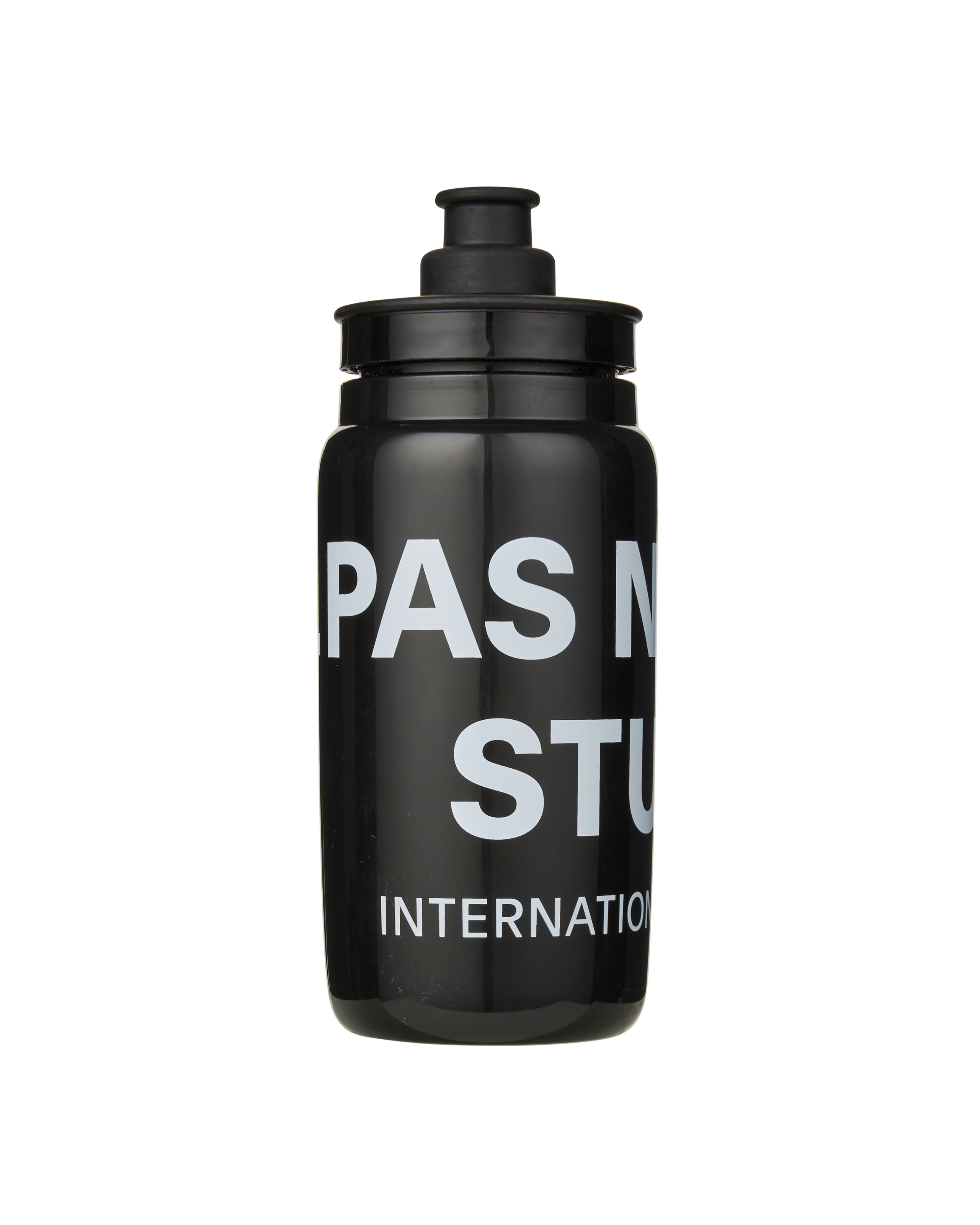 Black Logo Race cycling water bottle with white text and push-pull cap