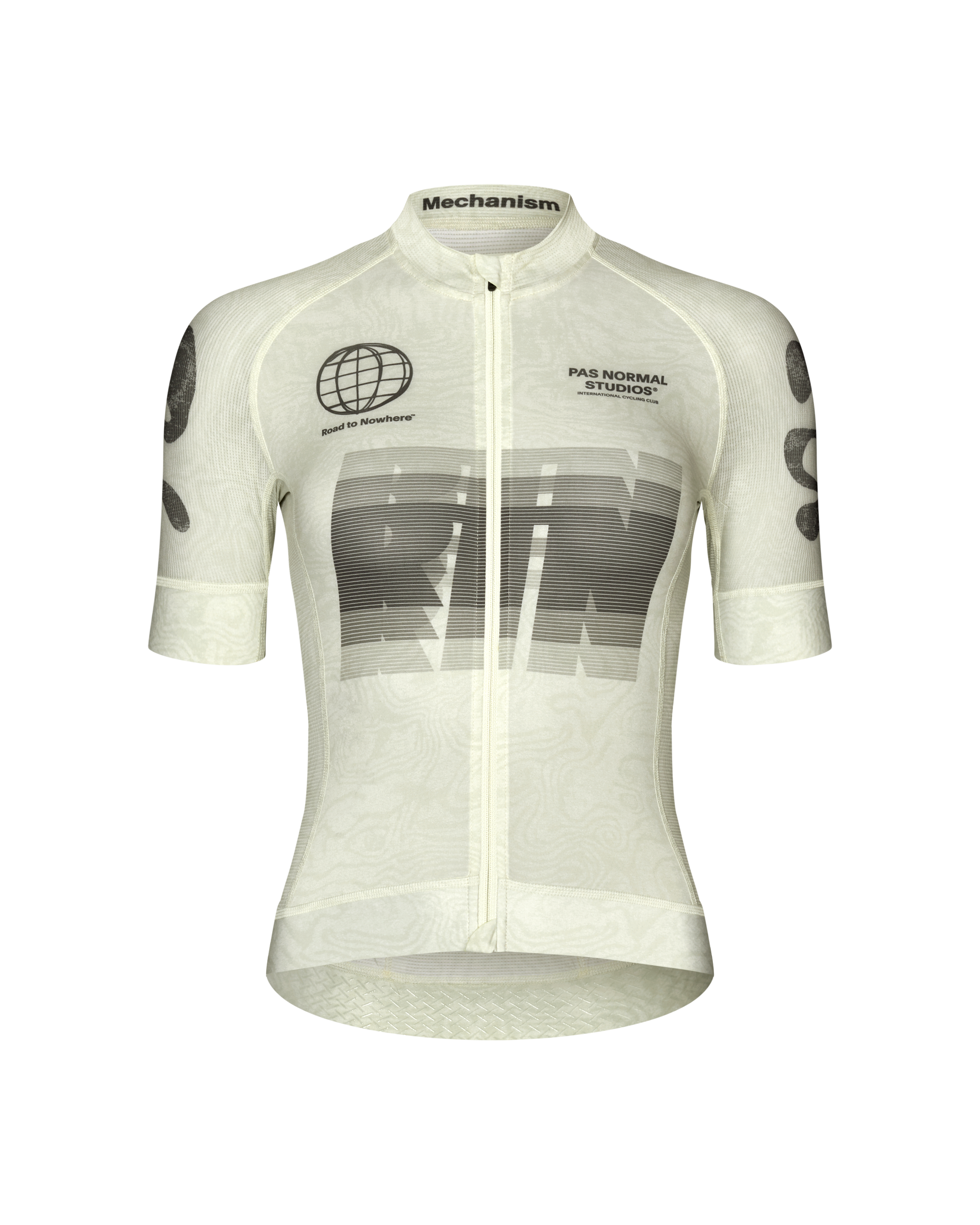 Off White Mechanism Logo cycling jersey, front flat lay with globe graphic and large chest print