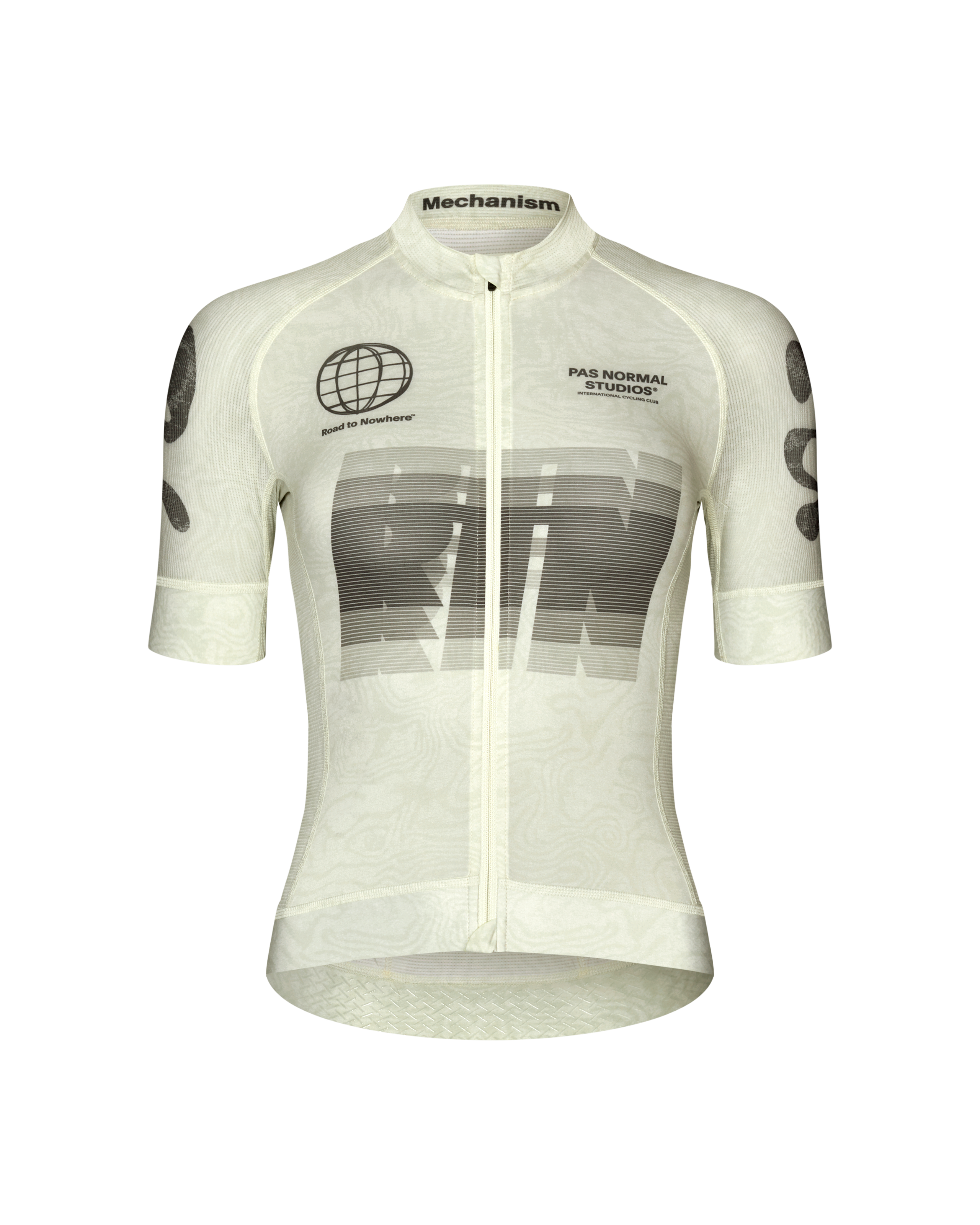 Off White Mechanism Logo cycling jersey, front flat lay with globe graphic and large chest print