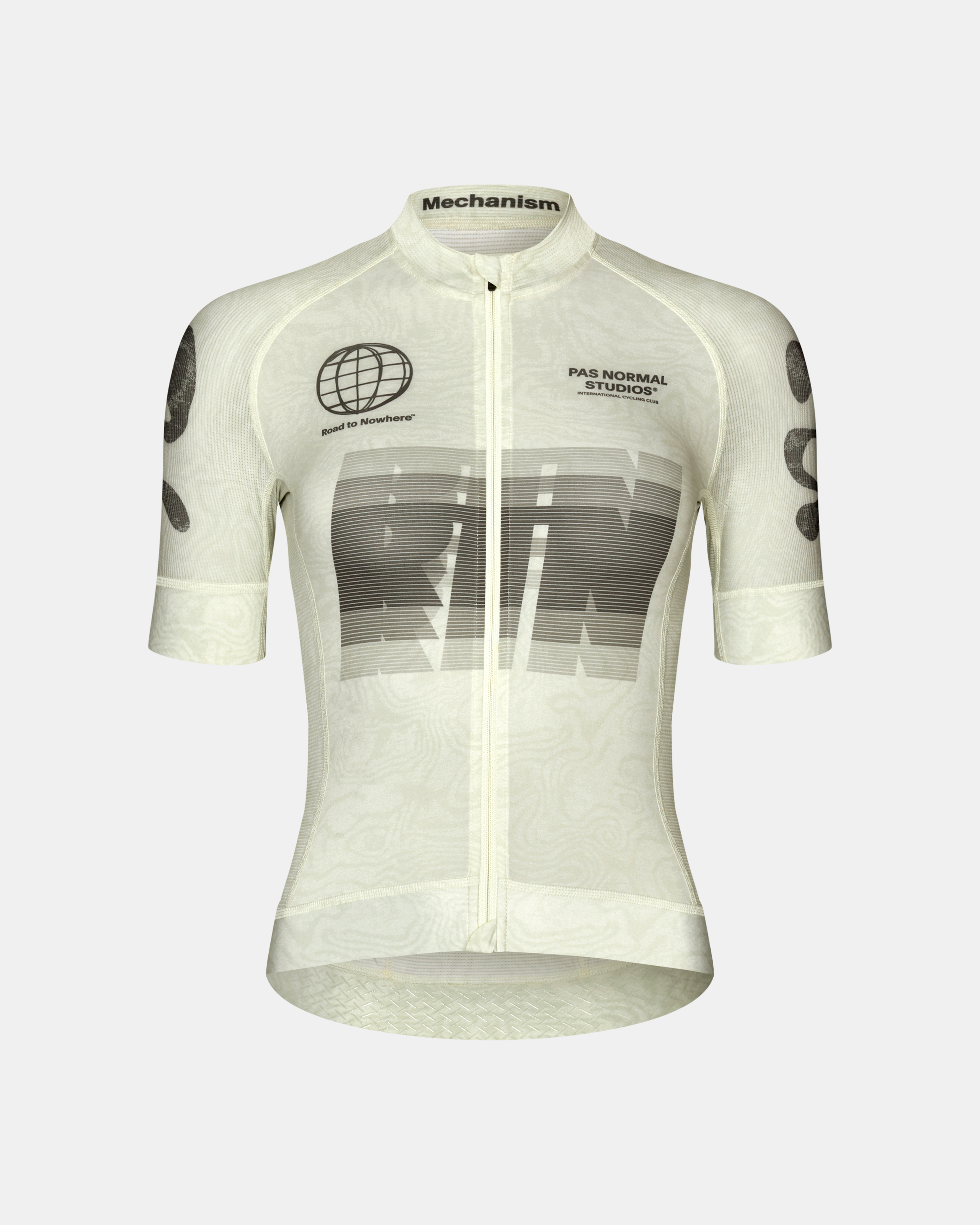 Off White Mechanism Logo cycling jersey, front flat lay with globe graphic and large chest print