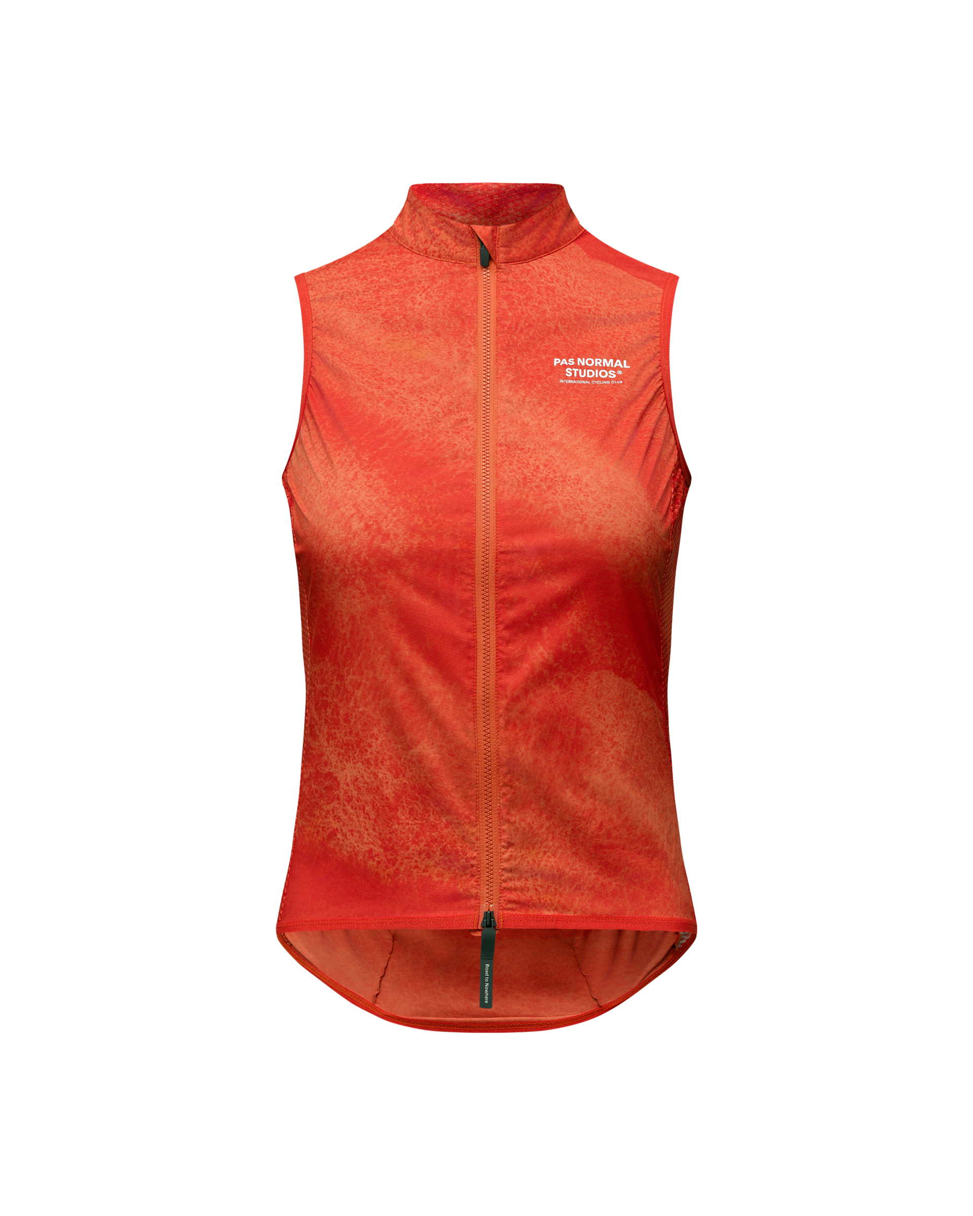 Orange Mechanism Stow Away cycling gilet, front view with white chest branding