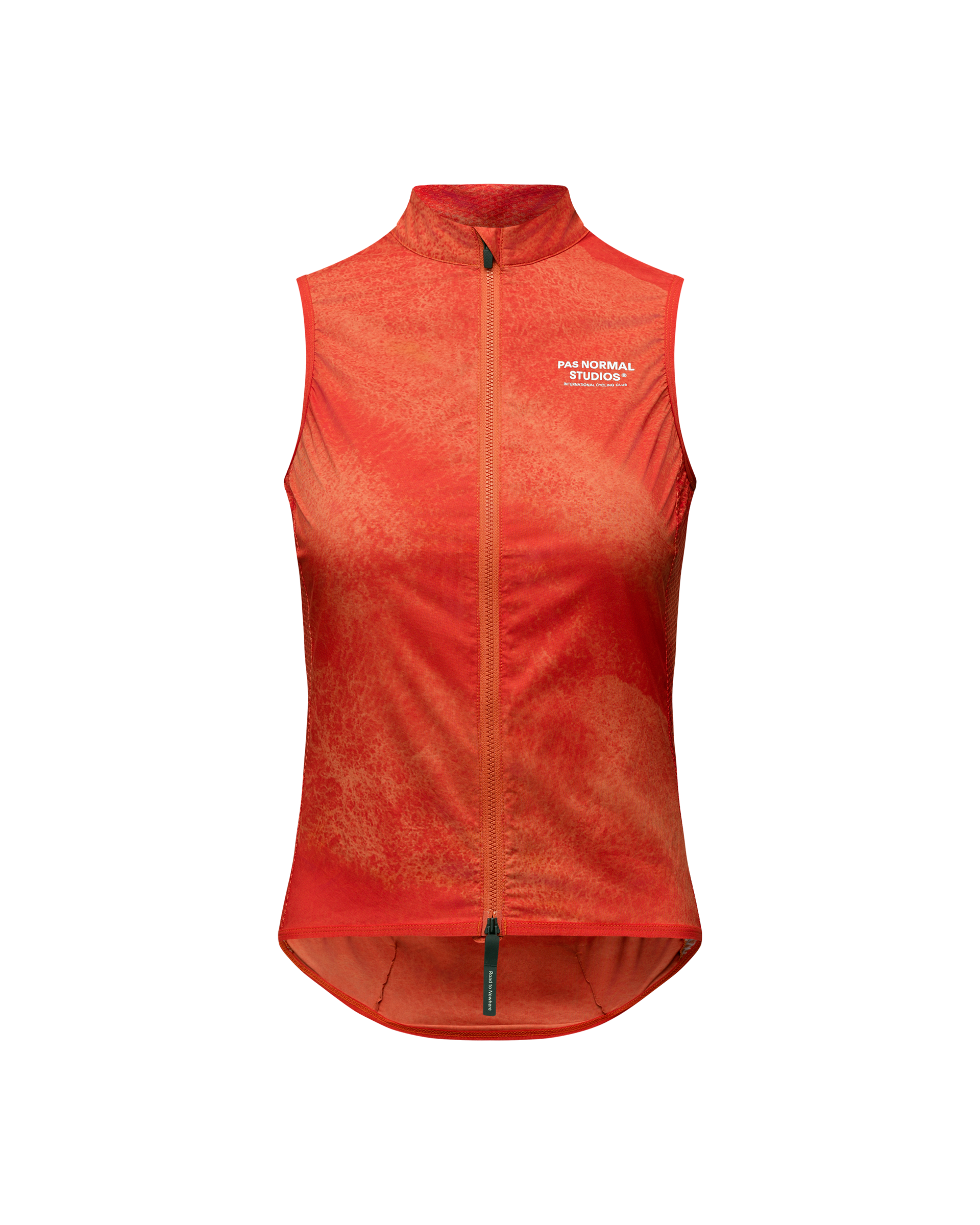 Orange Mechanism Stow Away cycling gilet, front view with white chest branding