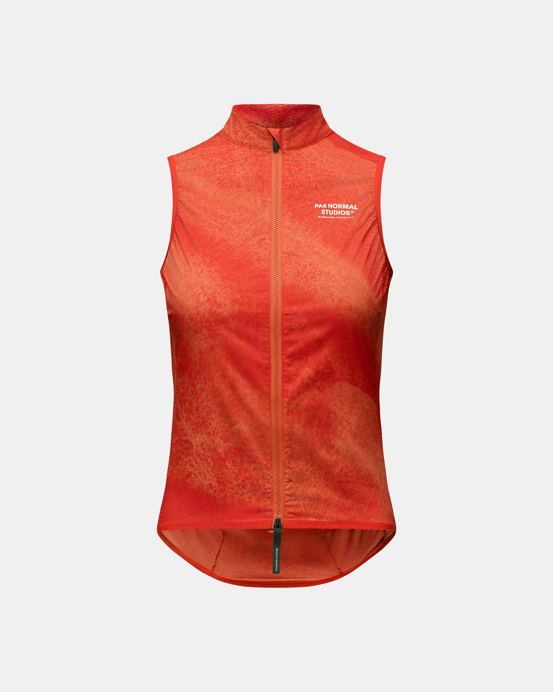 Orange Mechanism Stow Away cycling gilet, front view with white chest branding