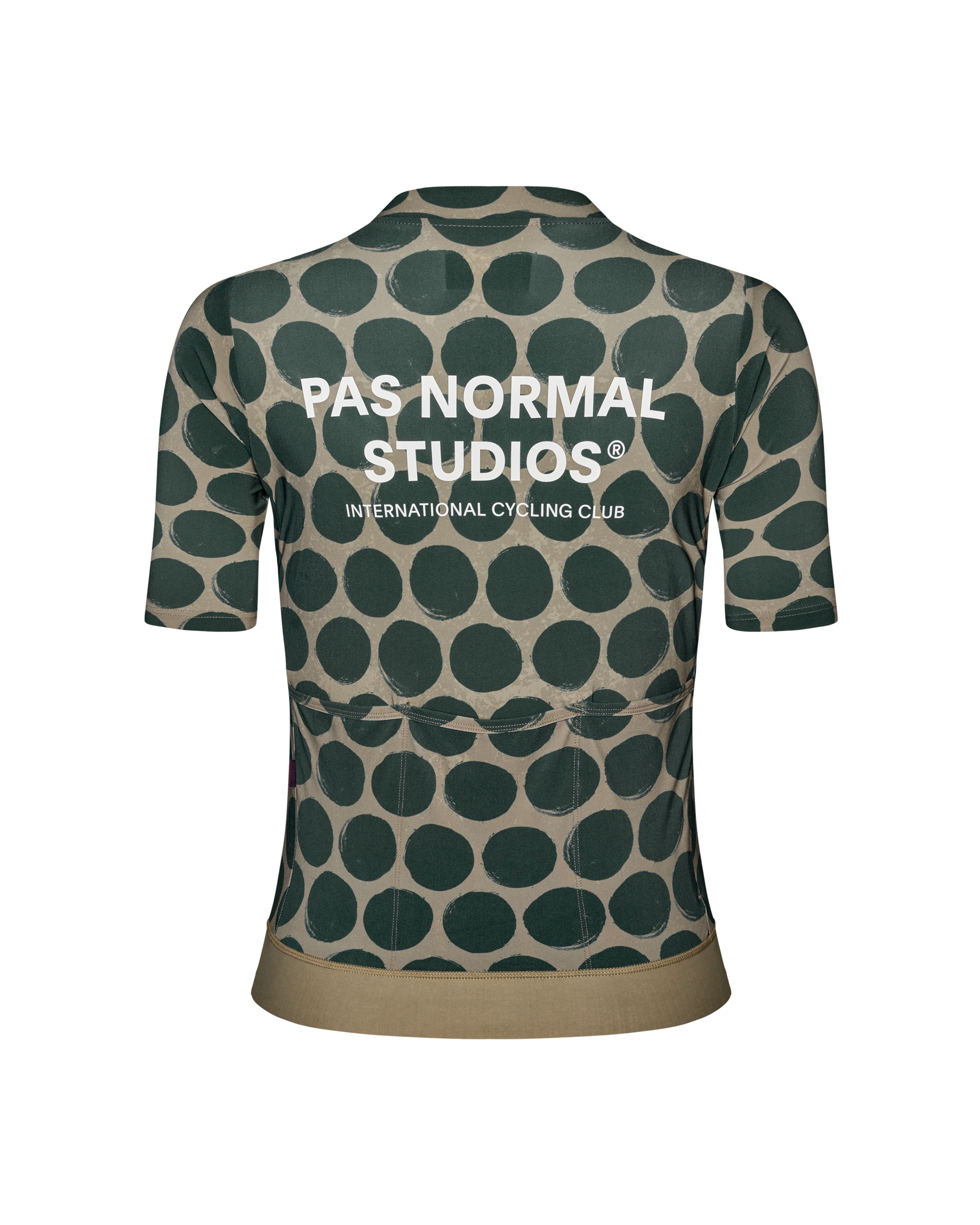 Tan Essential cycling jersey, rear view with green polka dot pattern